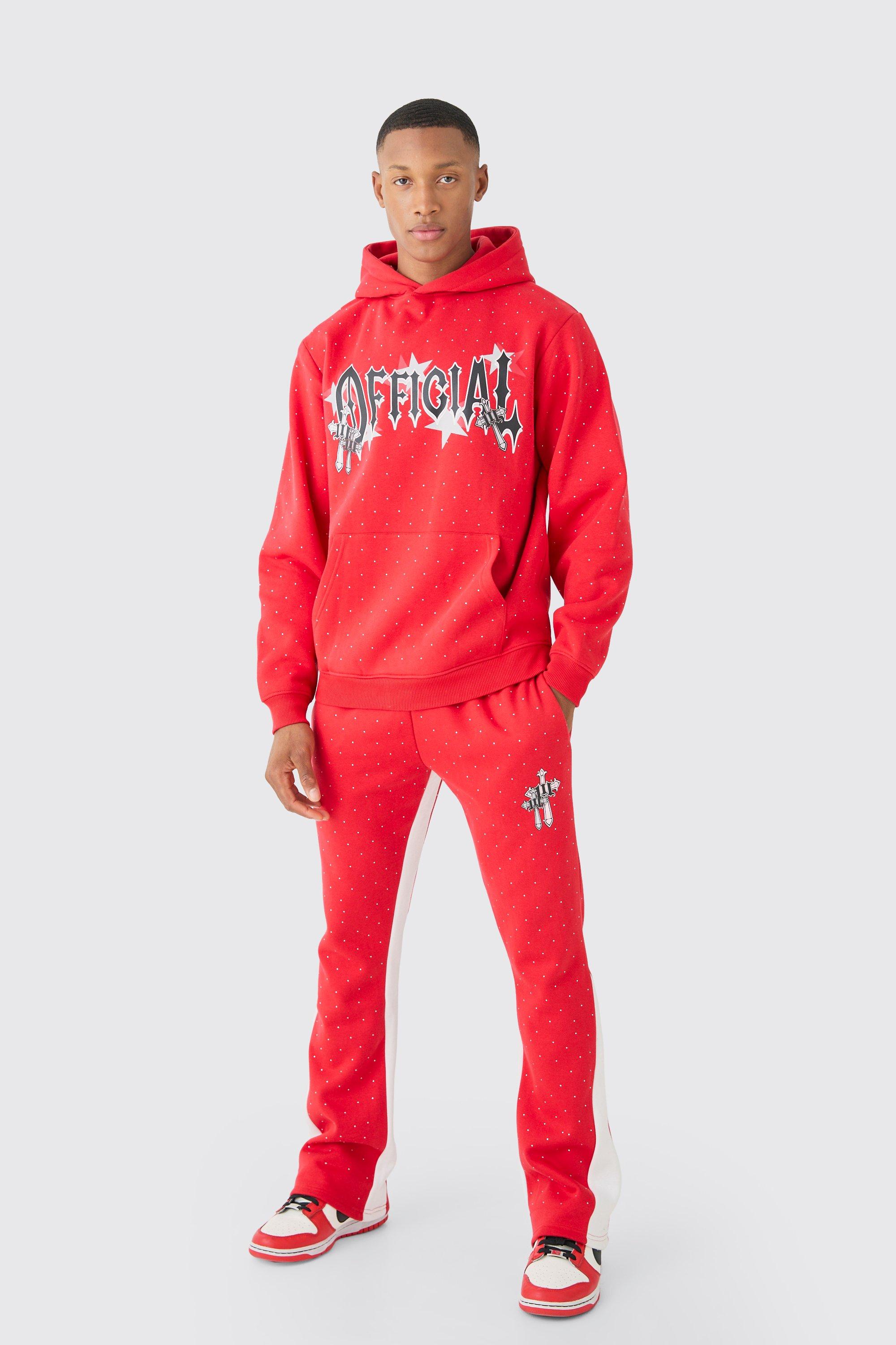 Mens Red Regular Fit All Over Rhinestone Official Tracksuit, Red