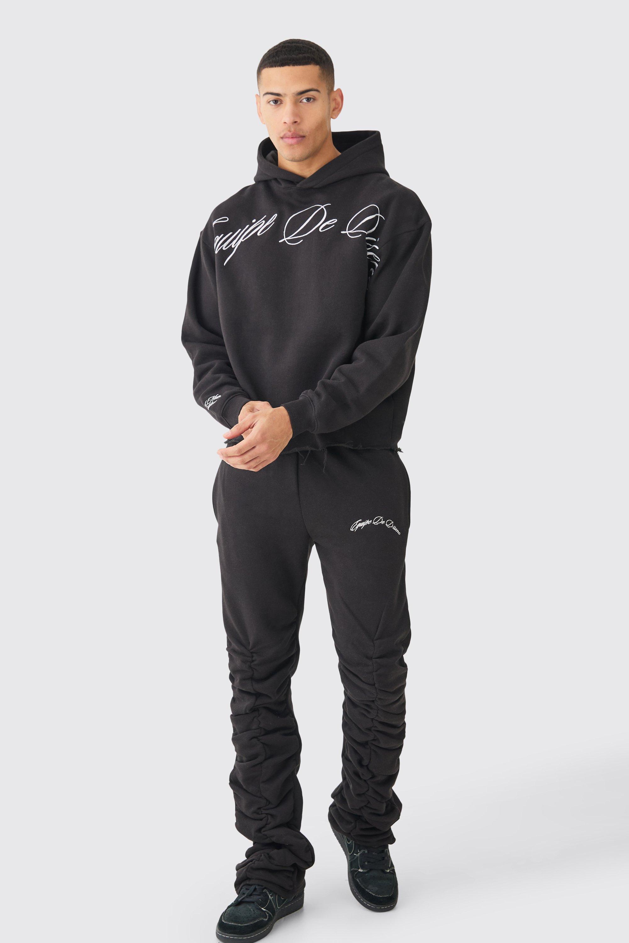 Tuta sportiva squadrata oversize con ricami e pieghe sul fondo, Nero