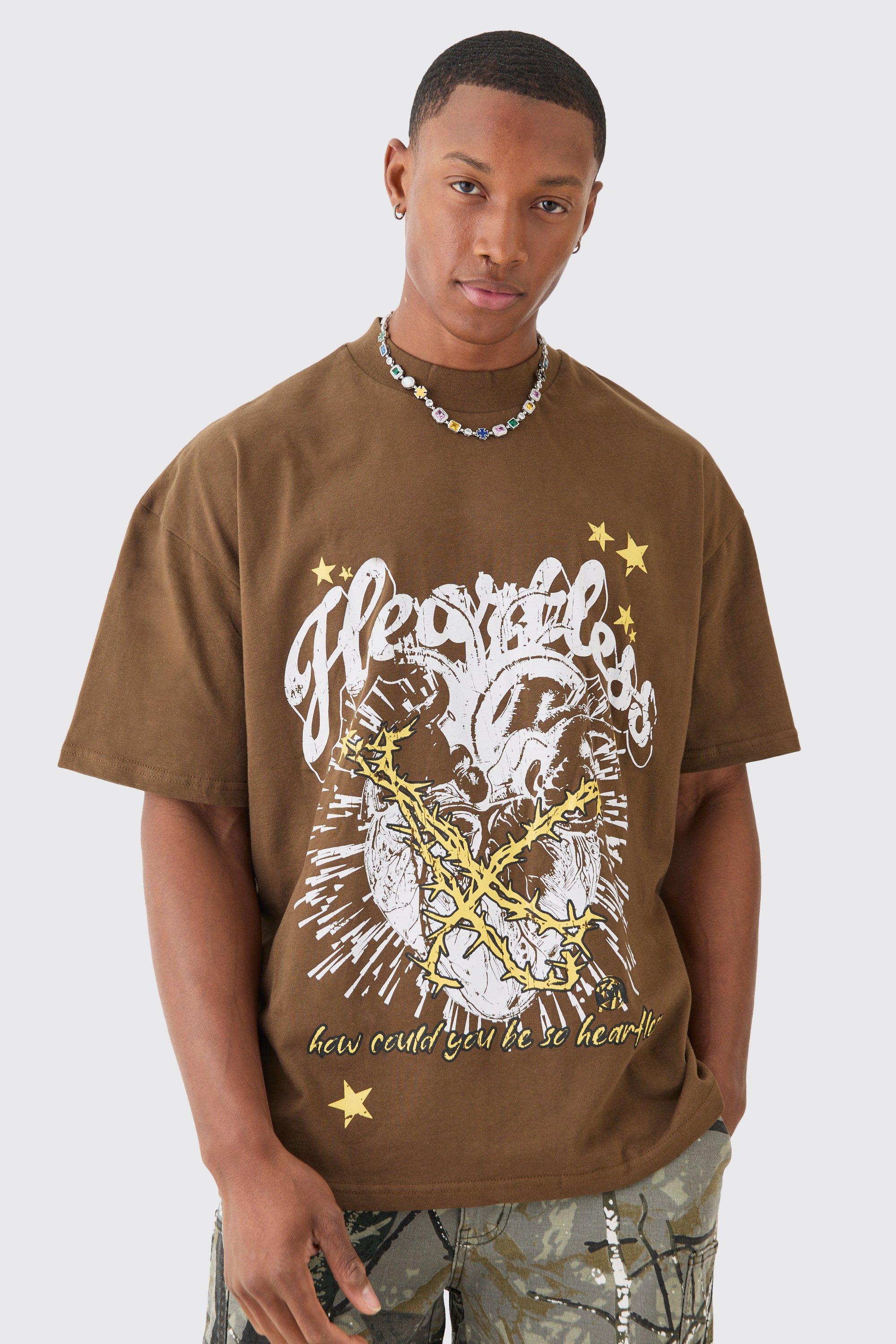 Mens Brown Oversized Extended Neck Graphic Heavy T-shirt, Brown