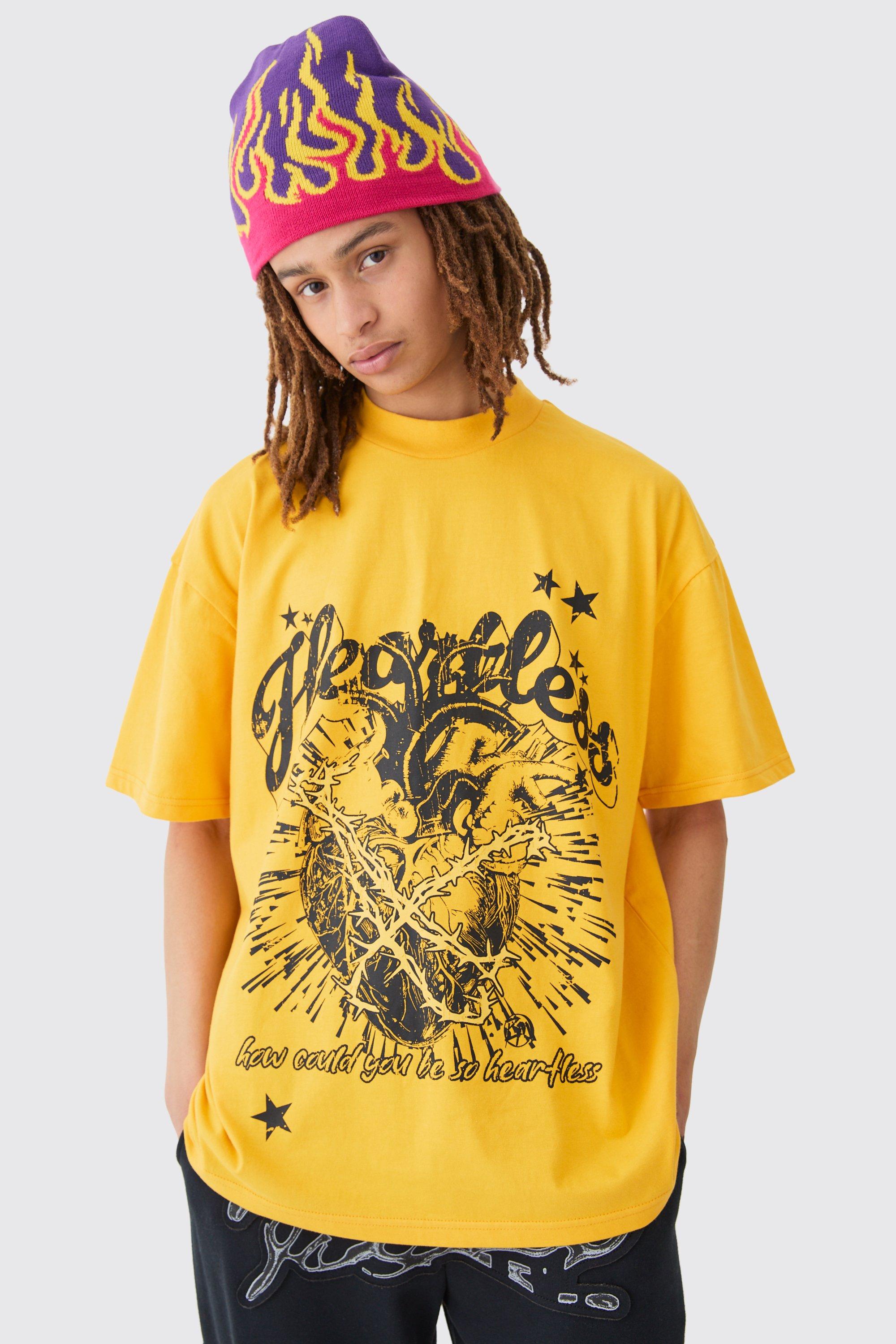 Image of Oversized Extended Neck Graphic Heavy T-shirt, Giallo