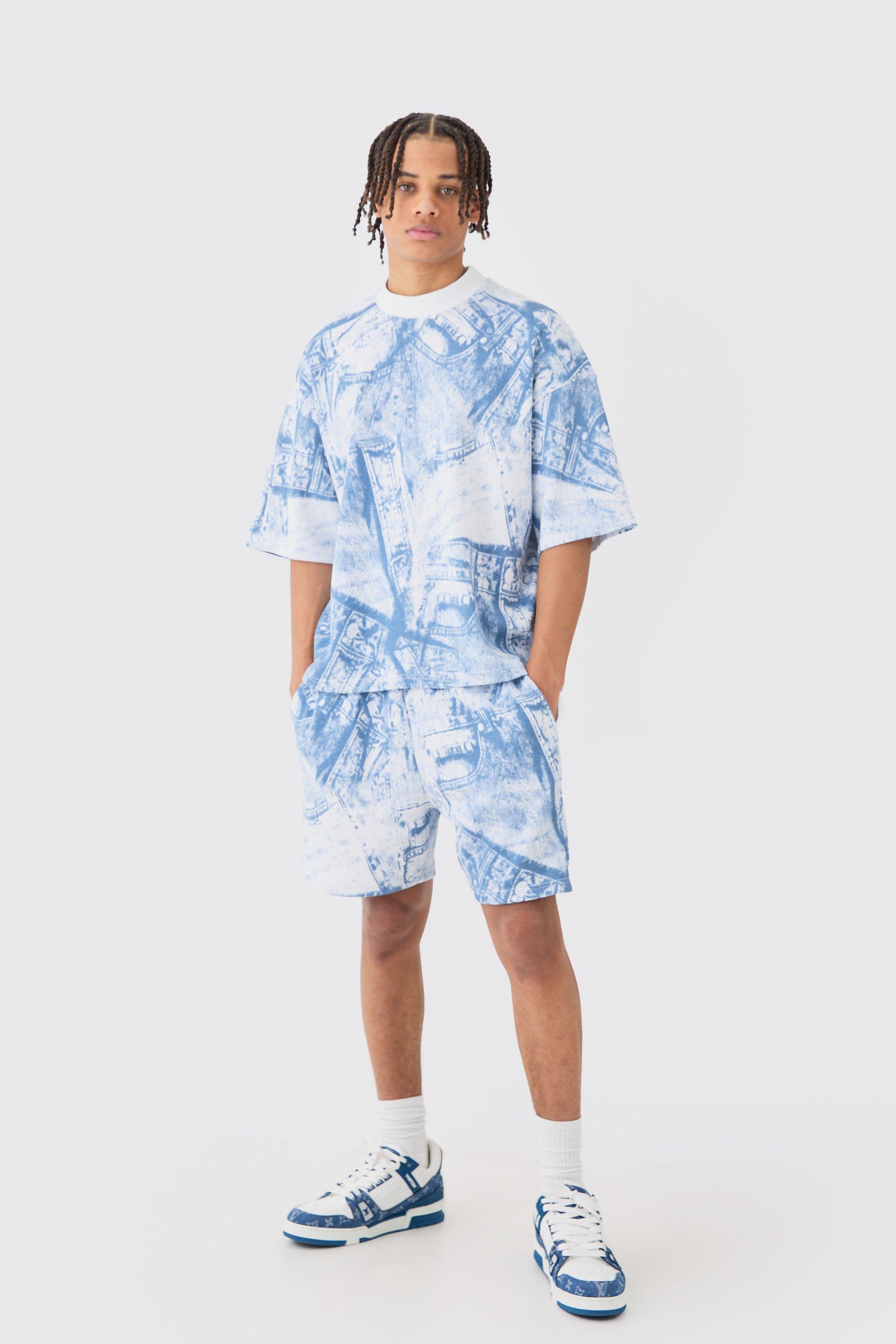 Mens Blue Oversized Boxy Denim Printed Waffle T-shirt & Shorts Set, Blue