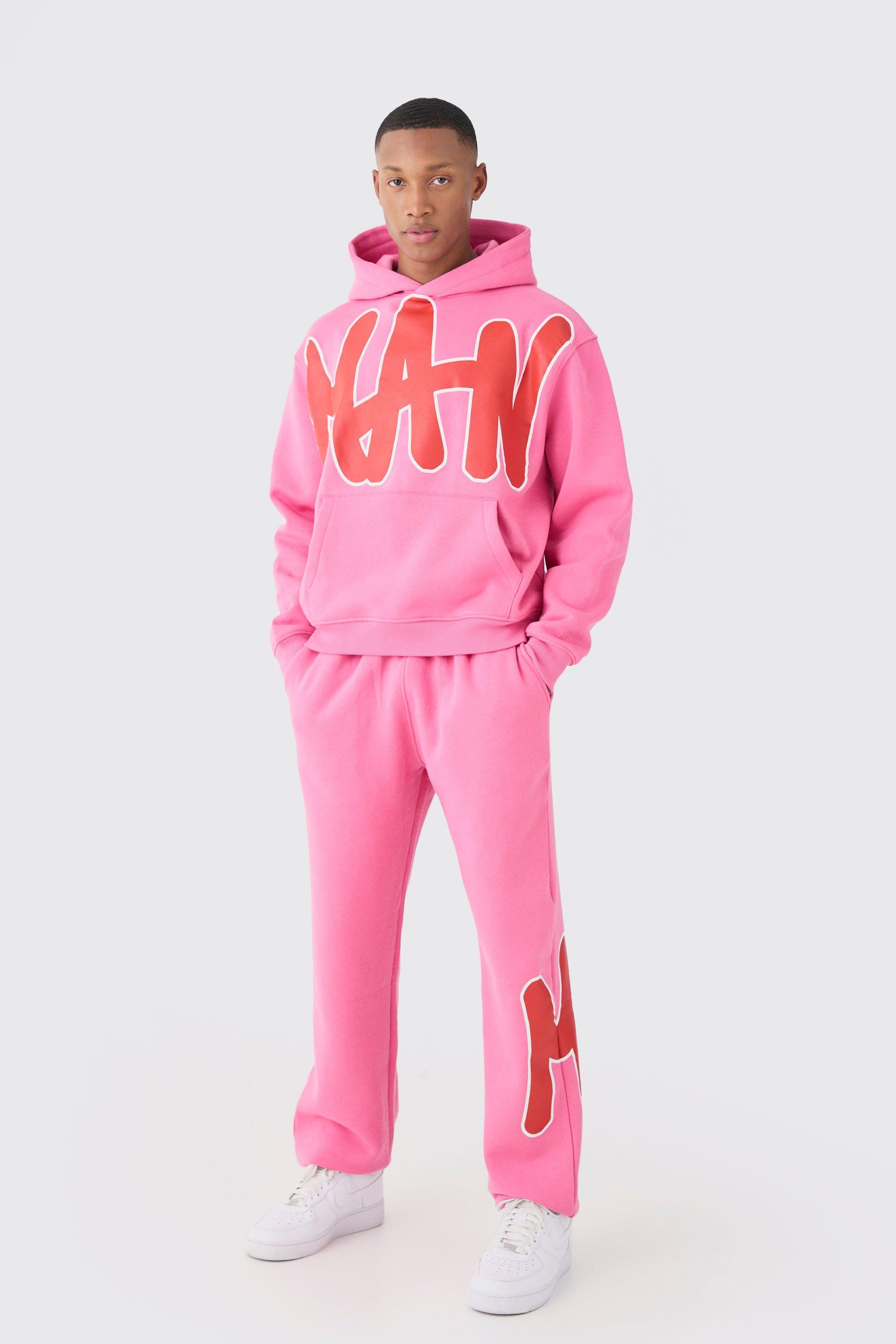Mens Pink Oversized Man Graphic Hooded Tracksuit