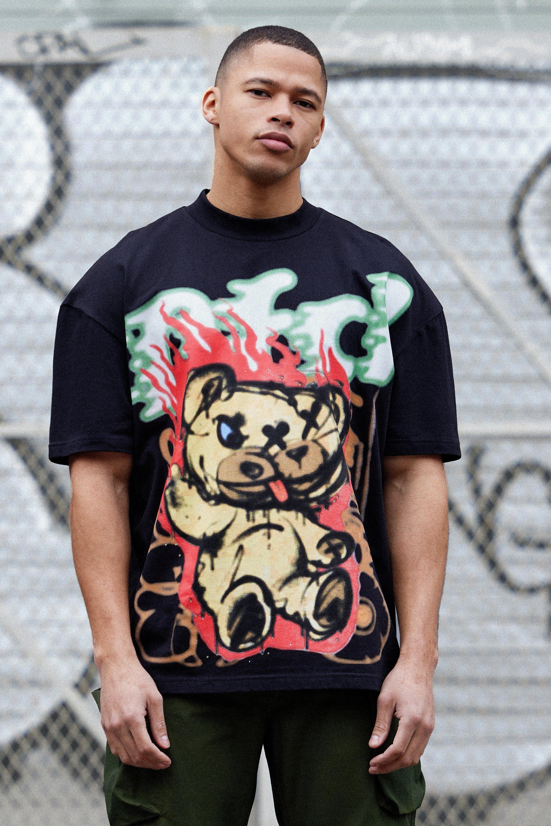 Image of T-shirt oversize con grafica di orso e girocollo esteso, Nero