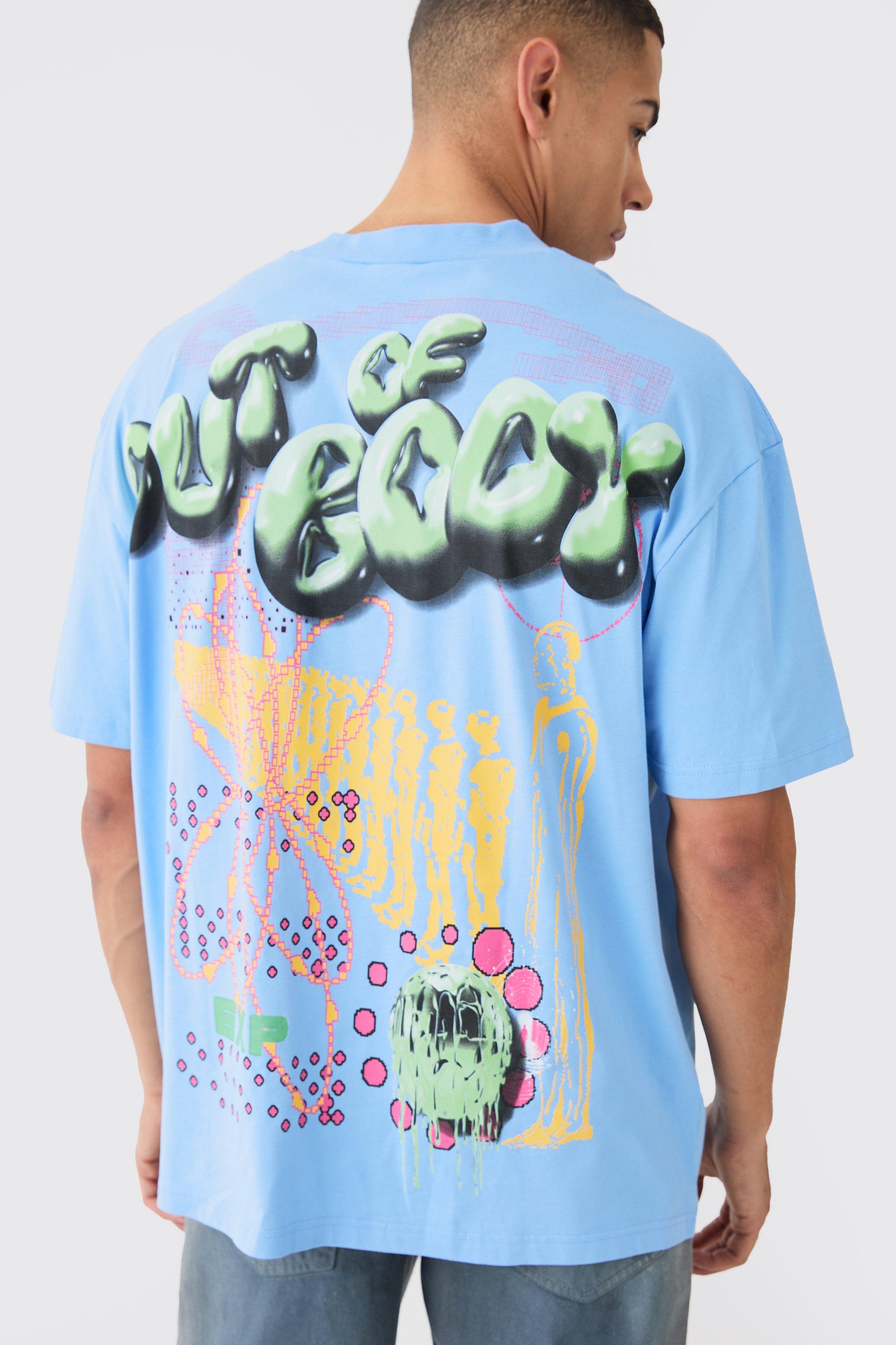Mens Blue Oversized Extended Bubble Graphic T-shirt, Blue