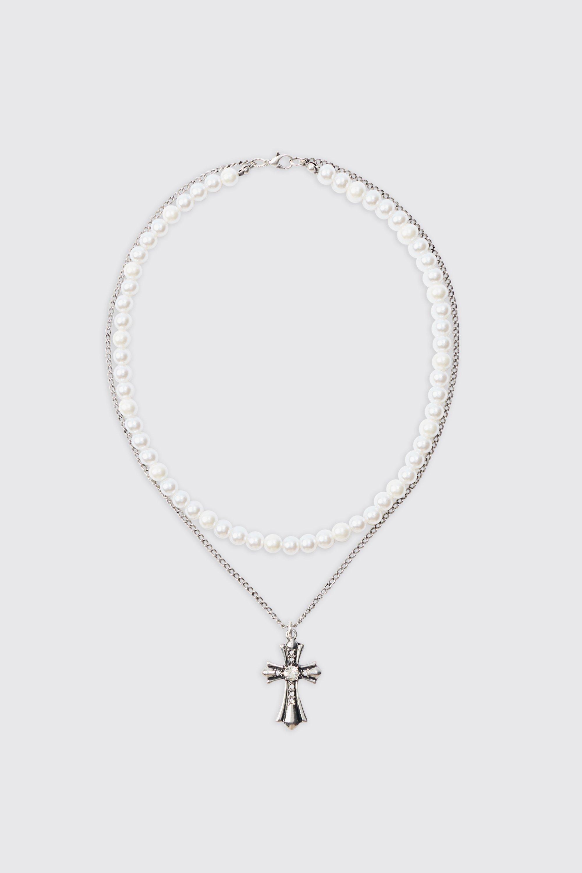 Mens Grey Pearl & Chain Necklace With Cross Pendant In Silver, Grey