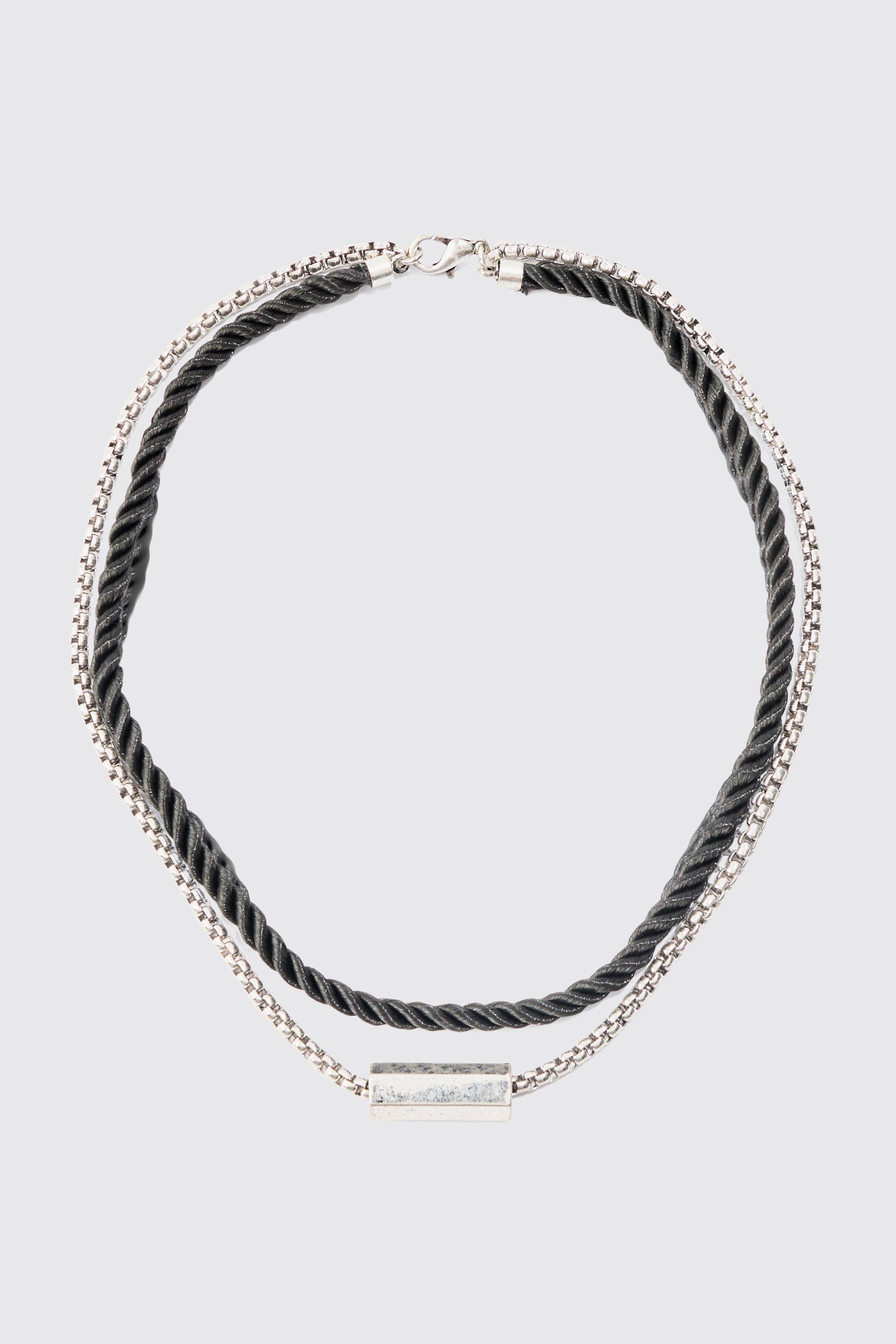 Mens Grey Rope And Chain Multi Layer Necklace, Grey