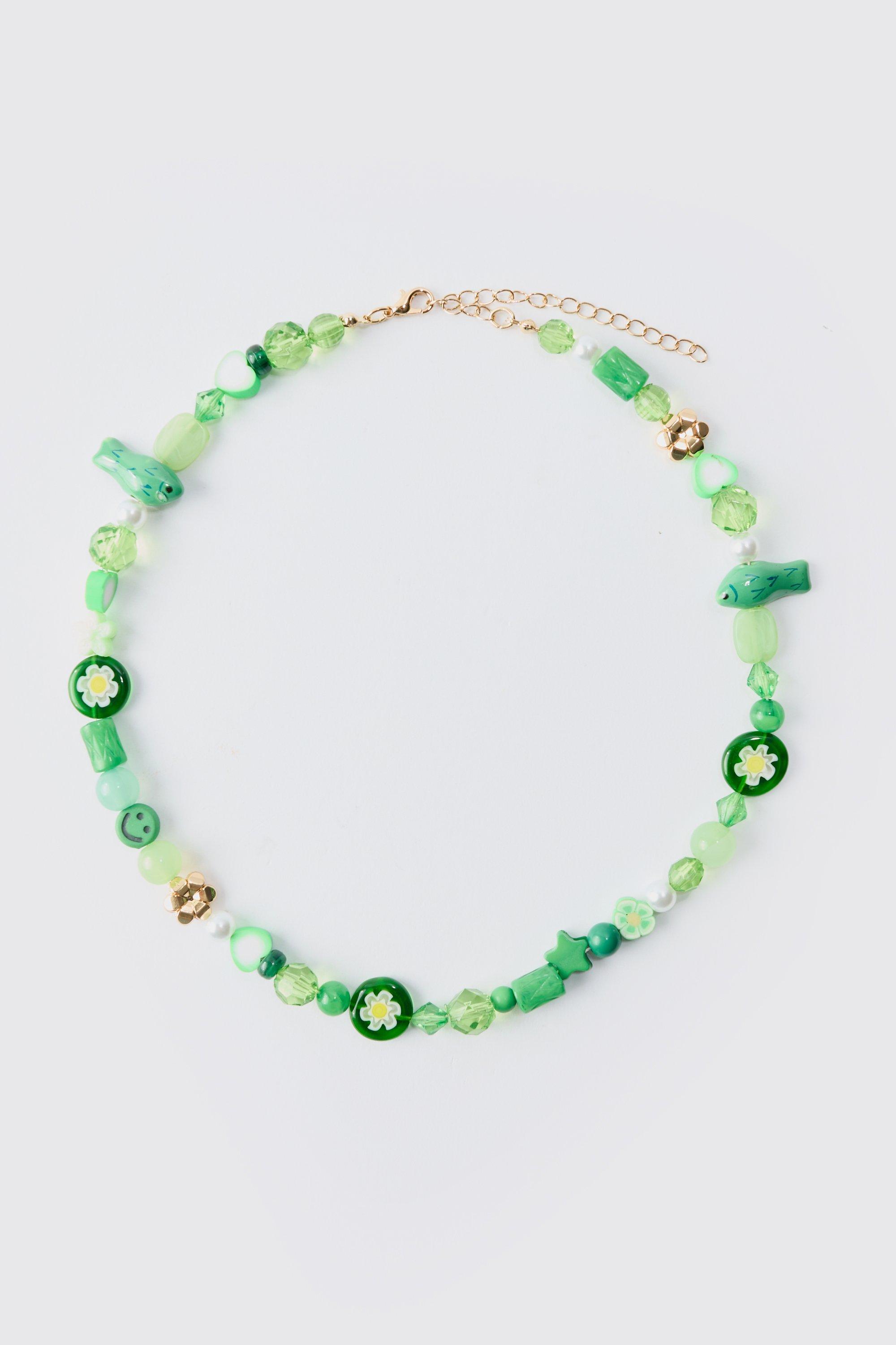 Mens Metallics Mixed Beaded Necklace In Green, Metallics