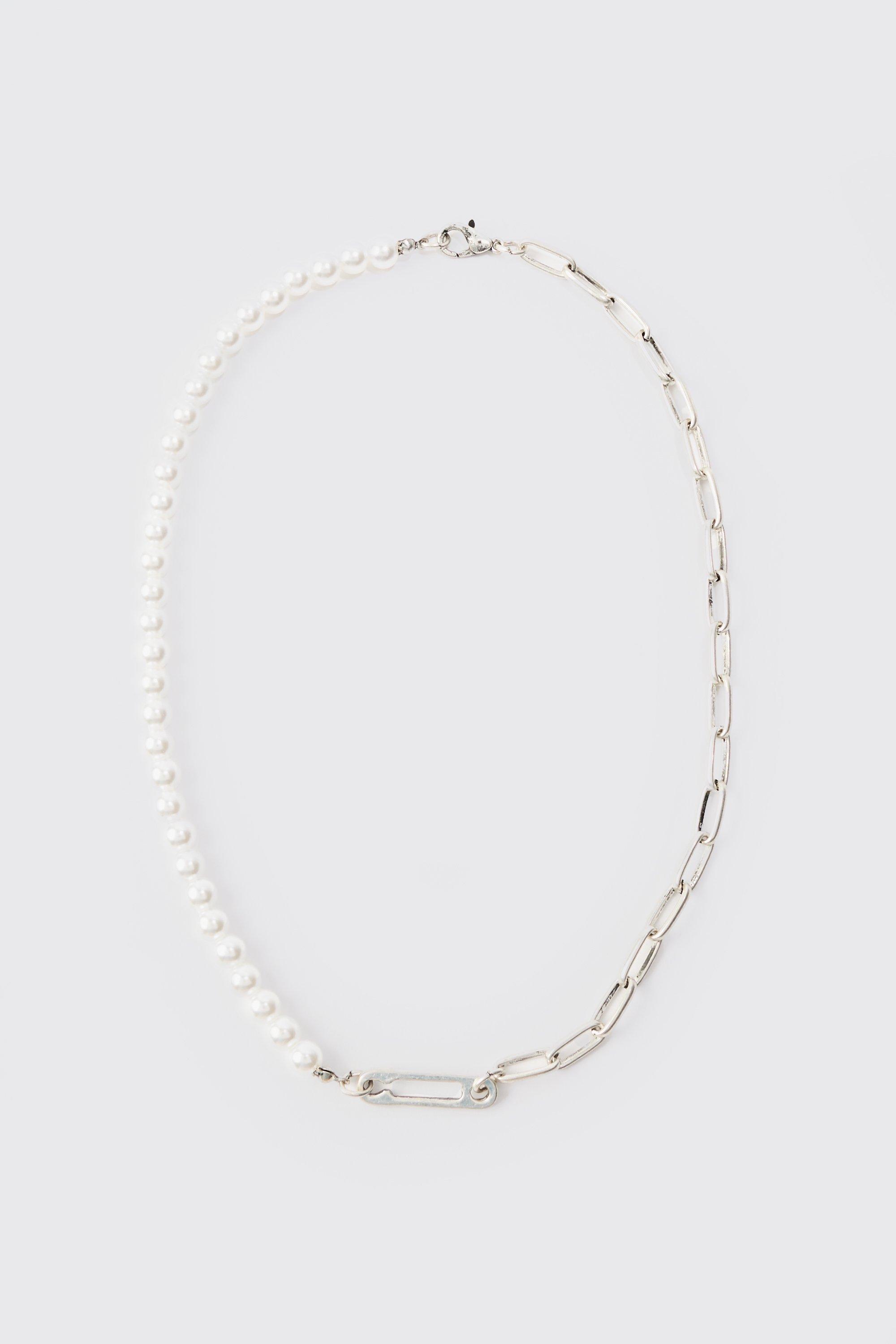 Image of Pearl & Chain Necklace In Silver, Grigio