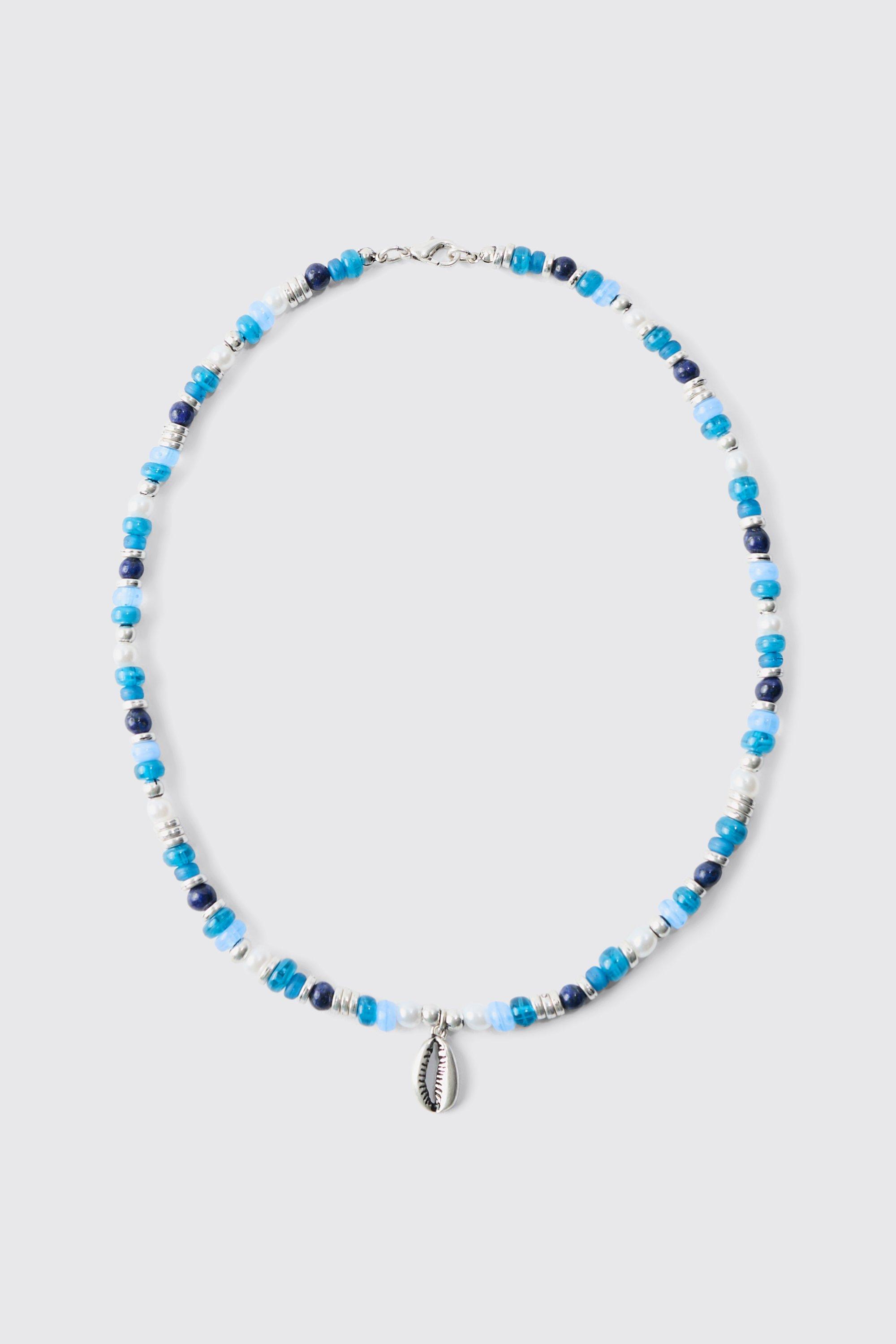 Mens Beaded Shell Necklace In Blue, Blue