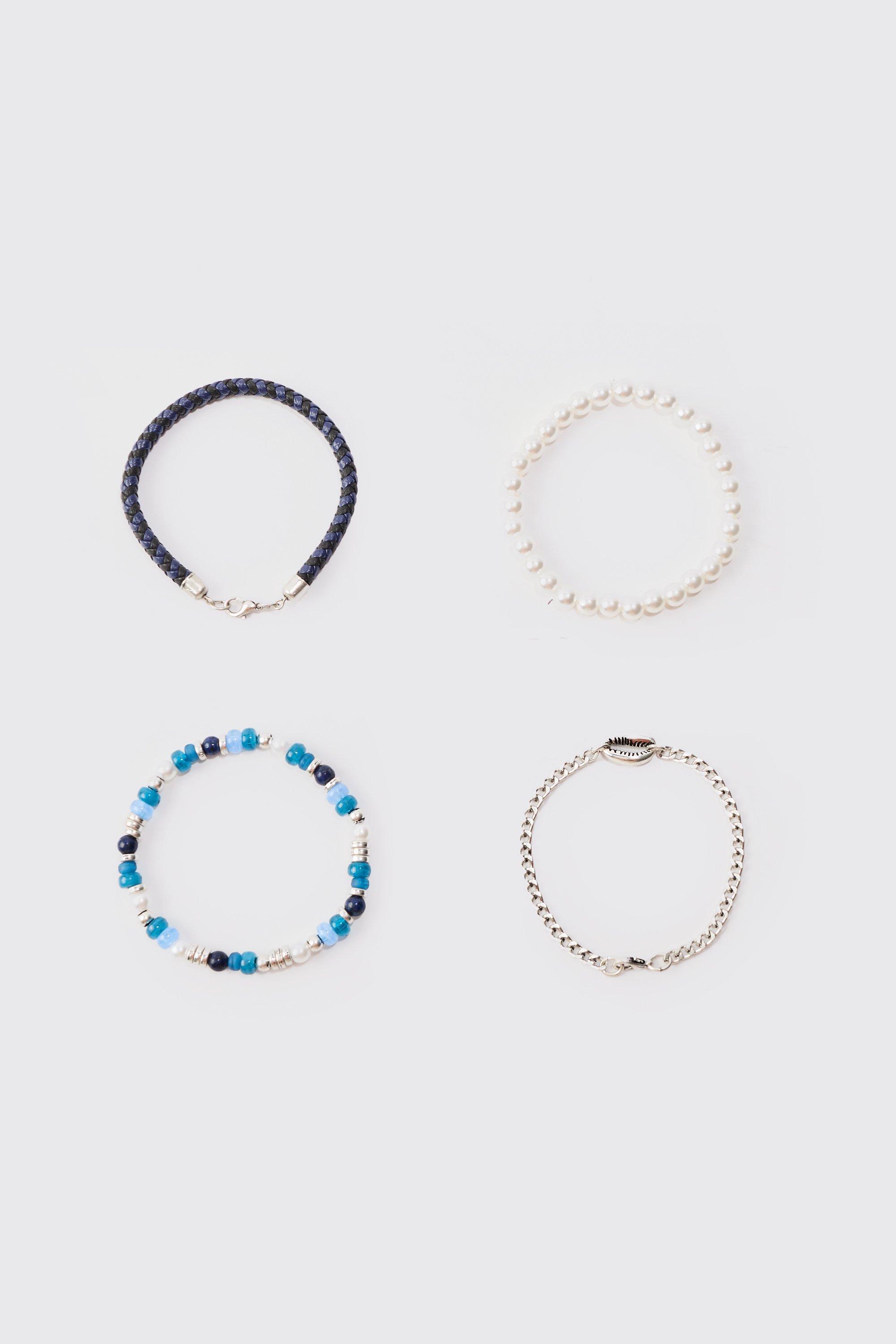 4 pack beaded shell bracelets in blue homme - bleu - one size, bleu