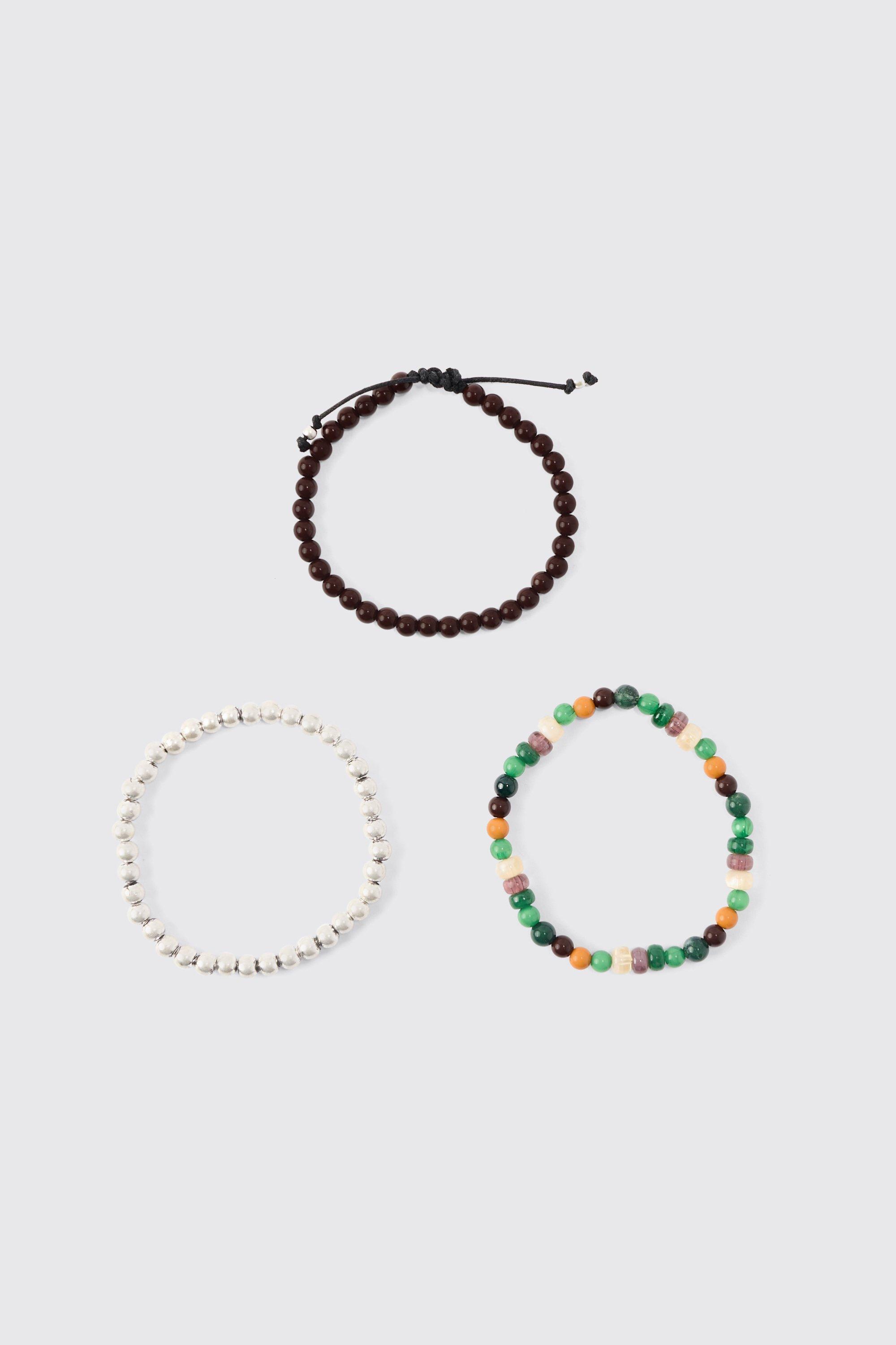 Mens Multi 3 Pack Beaded Bracelets, Multi