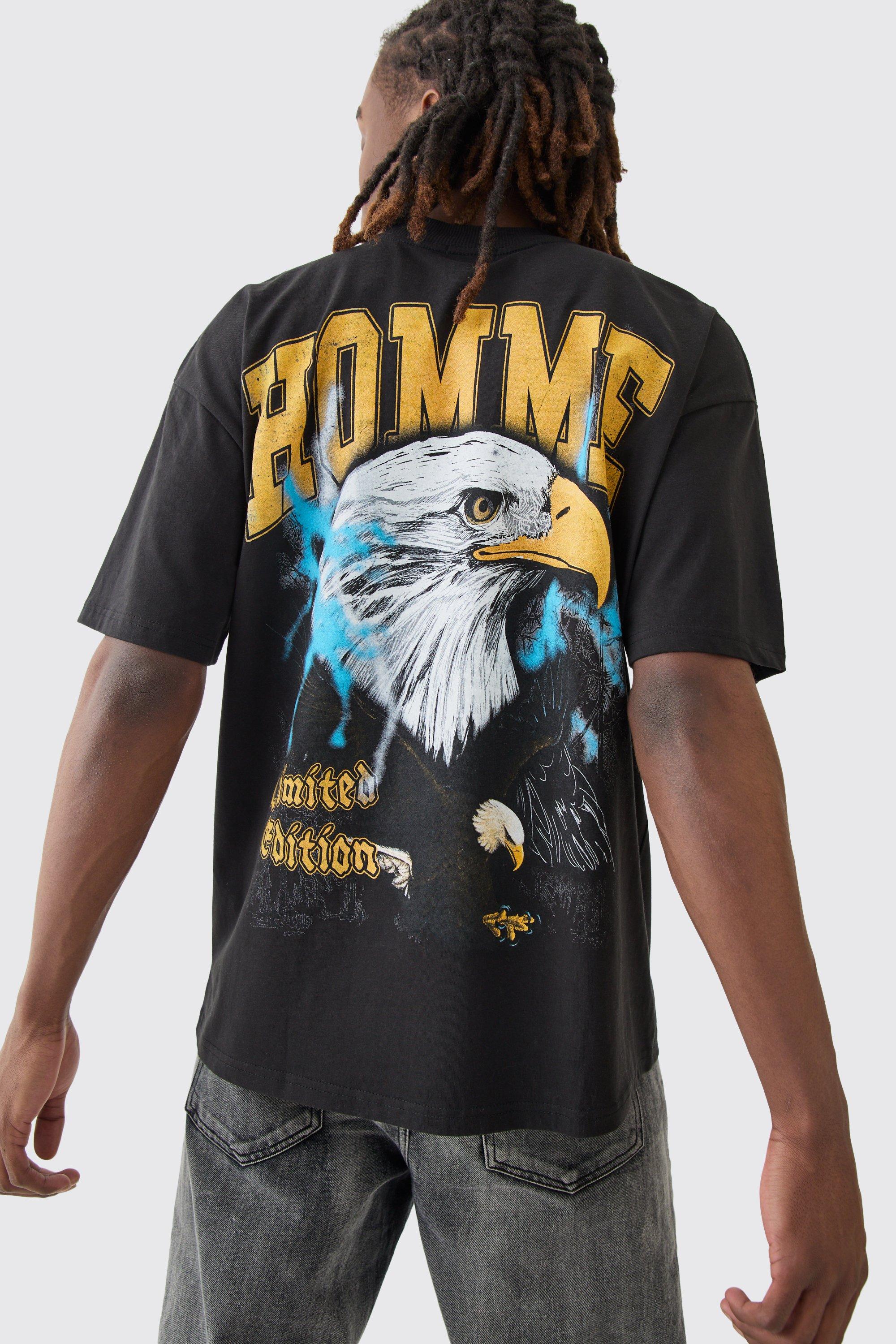 Mens Black Oversized Homme Eagle Graphic T-shirt, Black