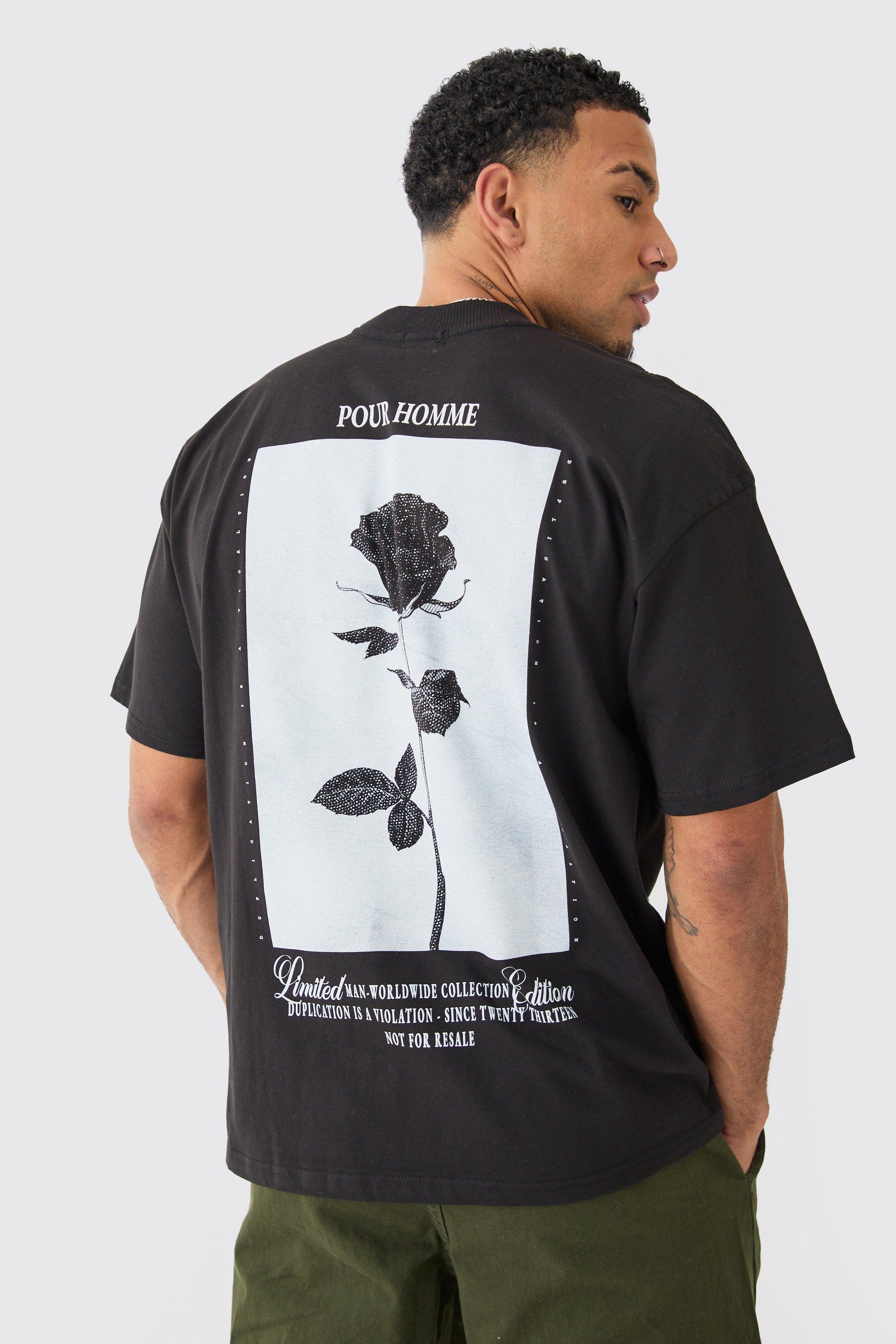 Mens Black Oversized Rose Graphic Heavyweight T-shirt, Black