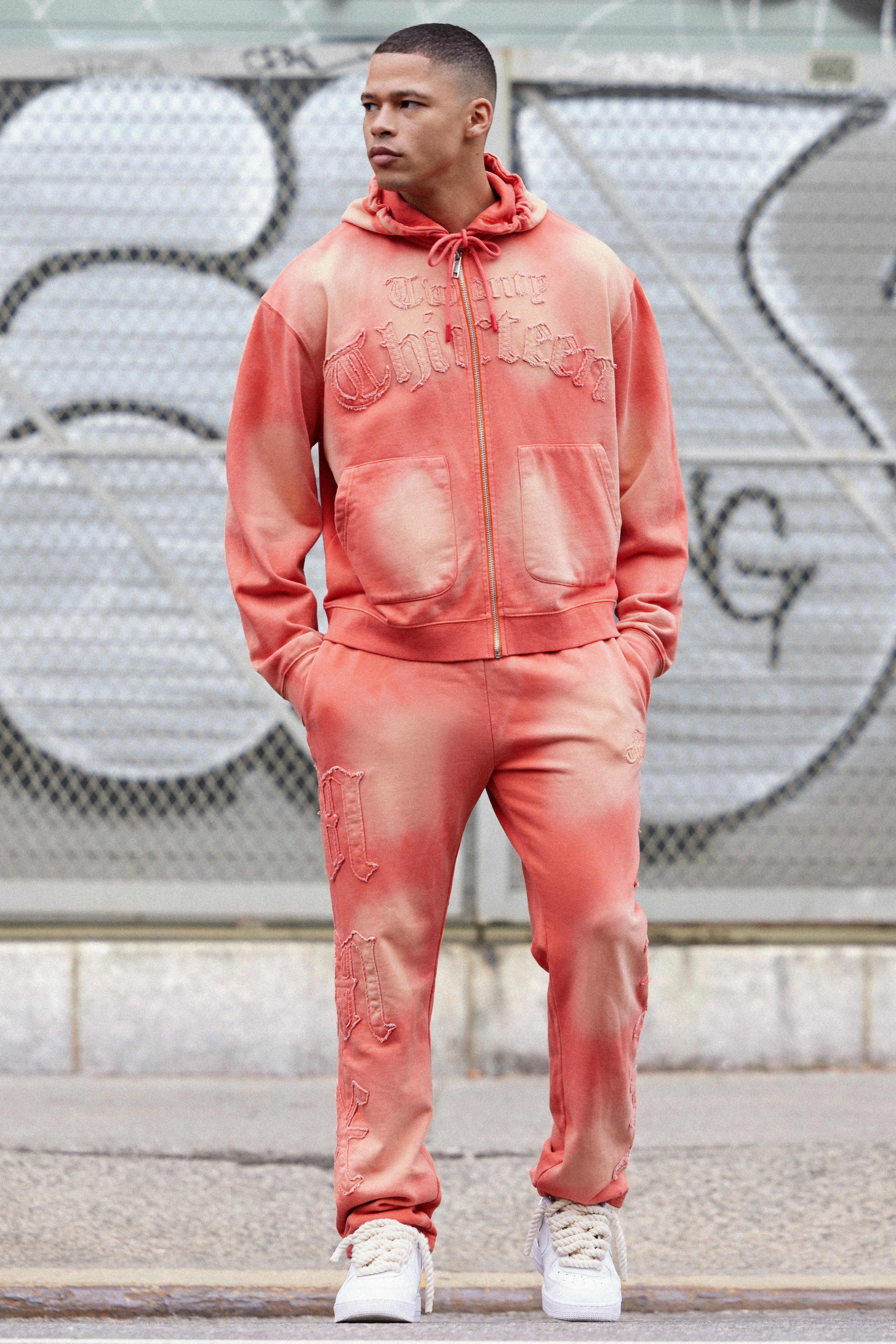 Mens Orange Oversized Sun Bleached 13 Gusset Zip Thru Tracksuit, Orange