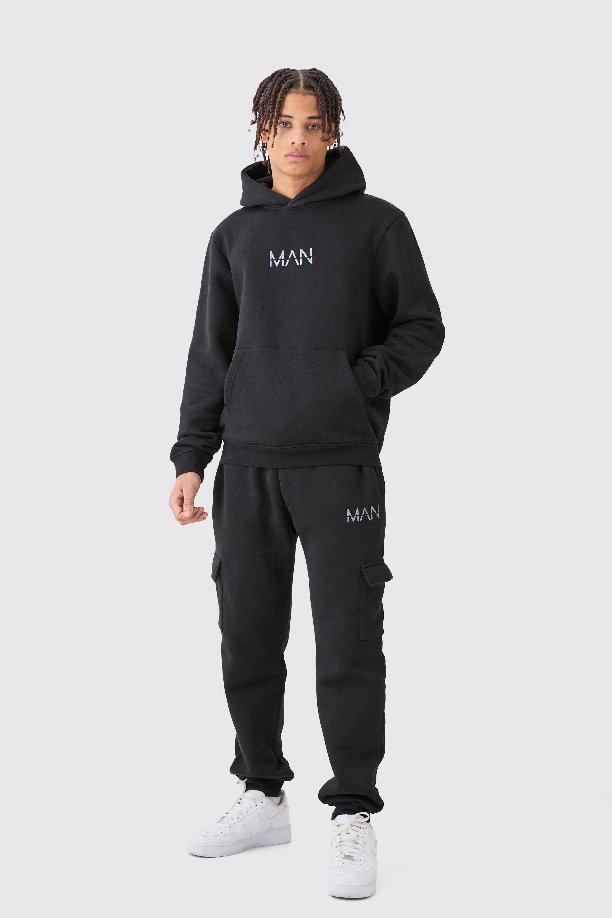 Mens Black Regular Fit Man Hooded Cargo Tracksuit, Black