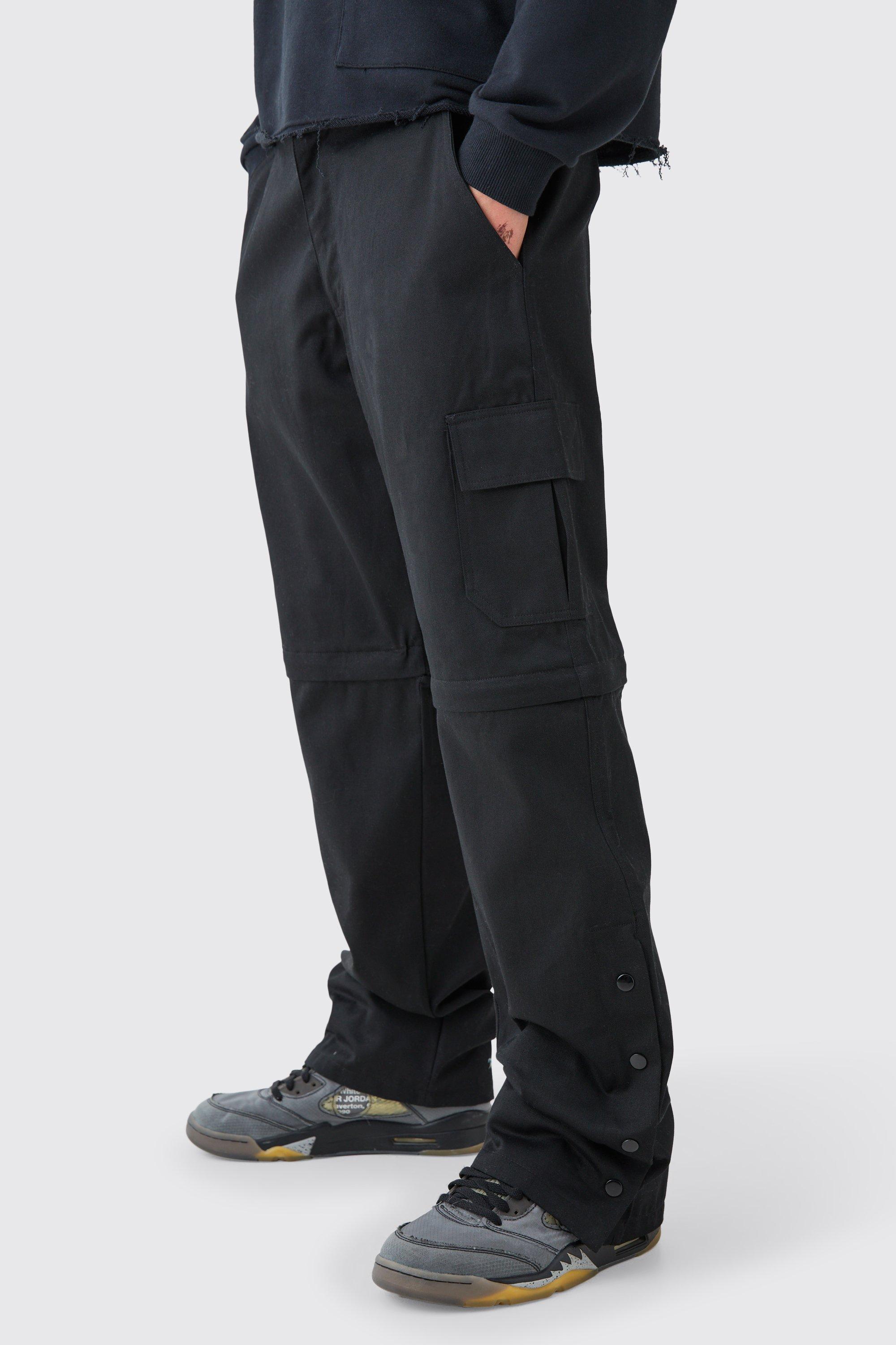 Image of Pantaloni Cargo rilassati in twill con vita fissa, bottoni a pressione sul fondo e zip, Nero