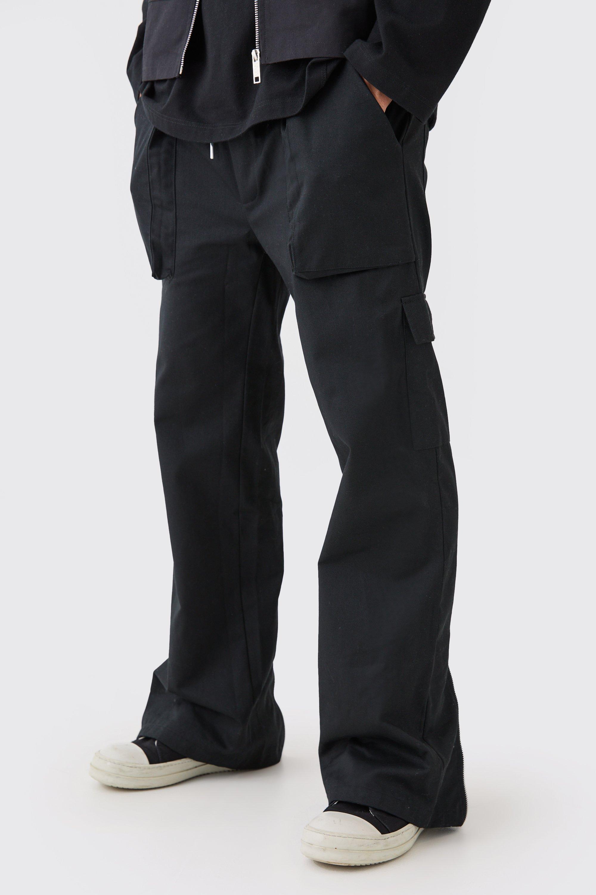 Image of Pantaloni Cargo a zampa con vita elasticizzata e zip sul fondo, Nero