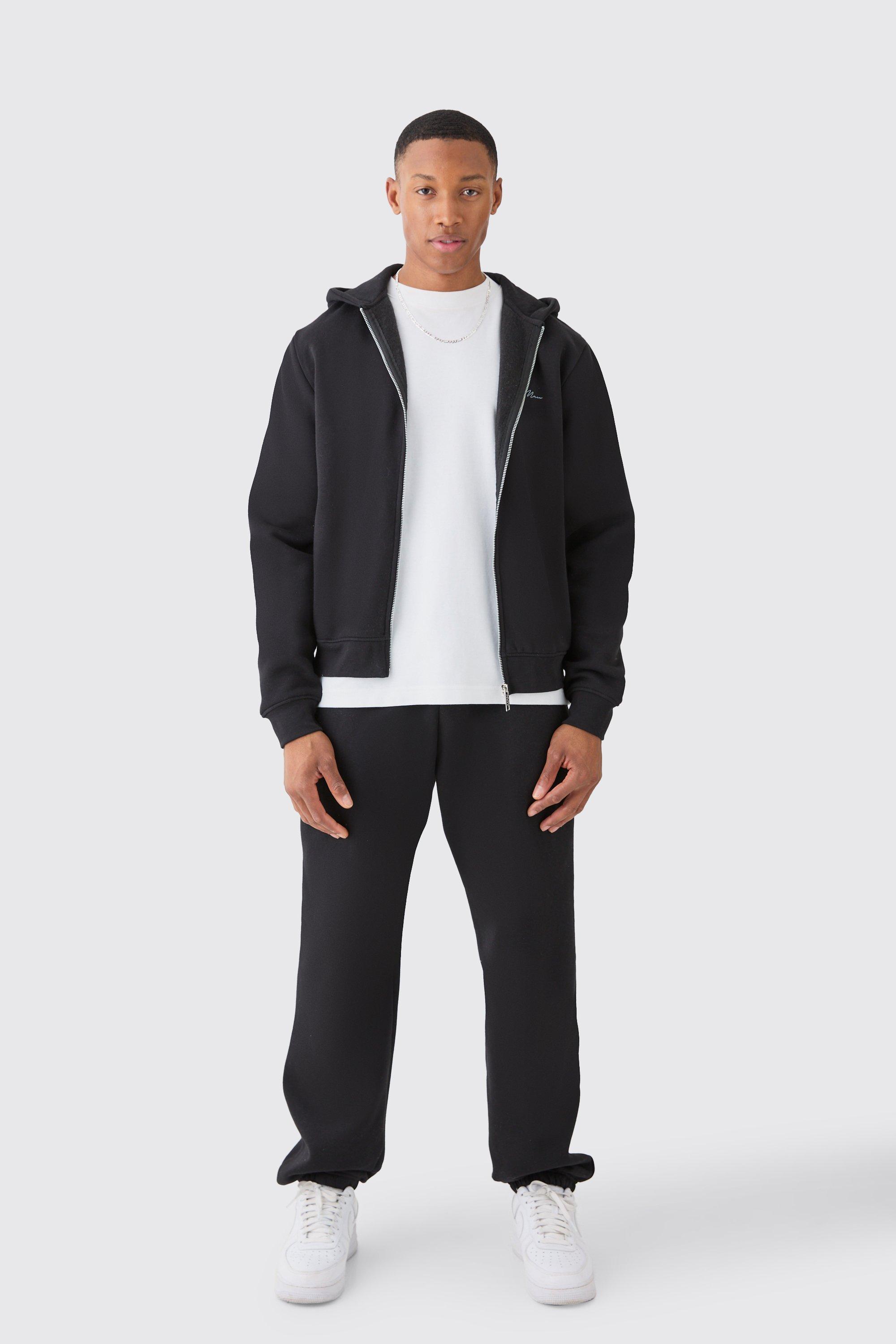 Mens Black Man Signature Boxy Zip Through Hooded Tracksuit, Black