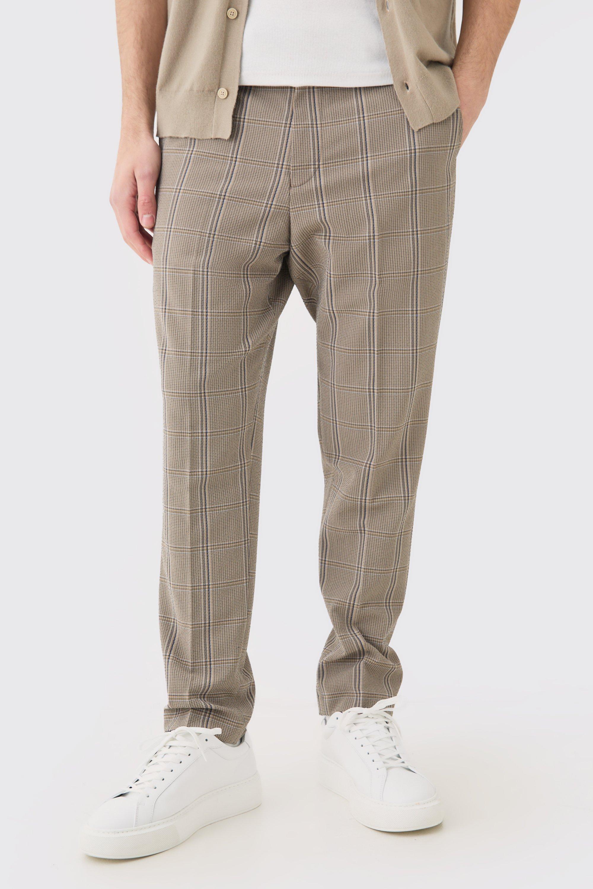 Image of Stretch Textured Check Tailored Trousers, Brown