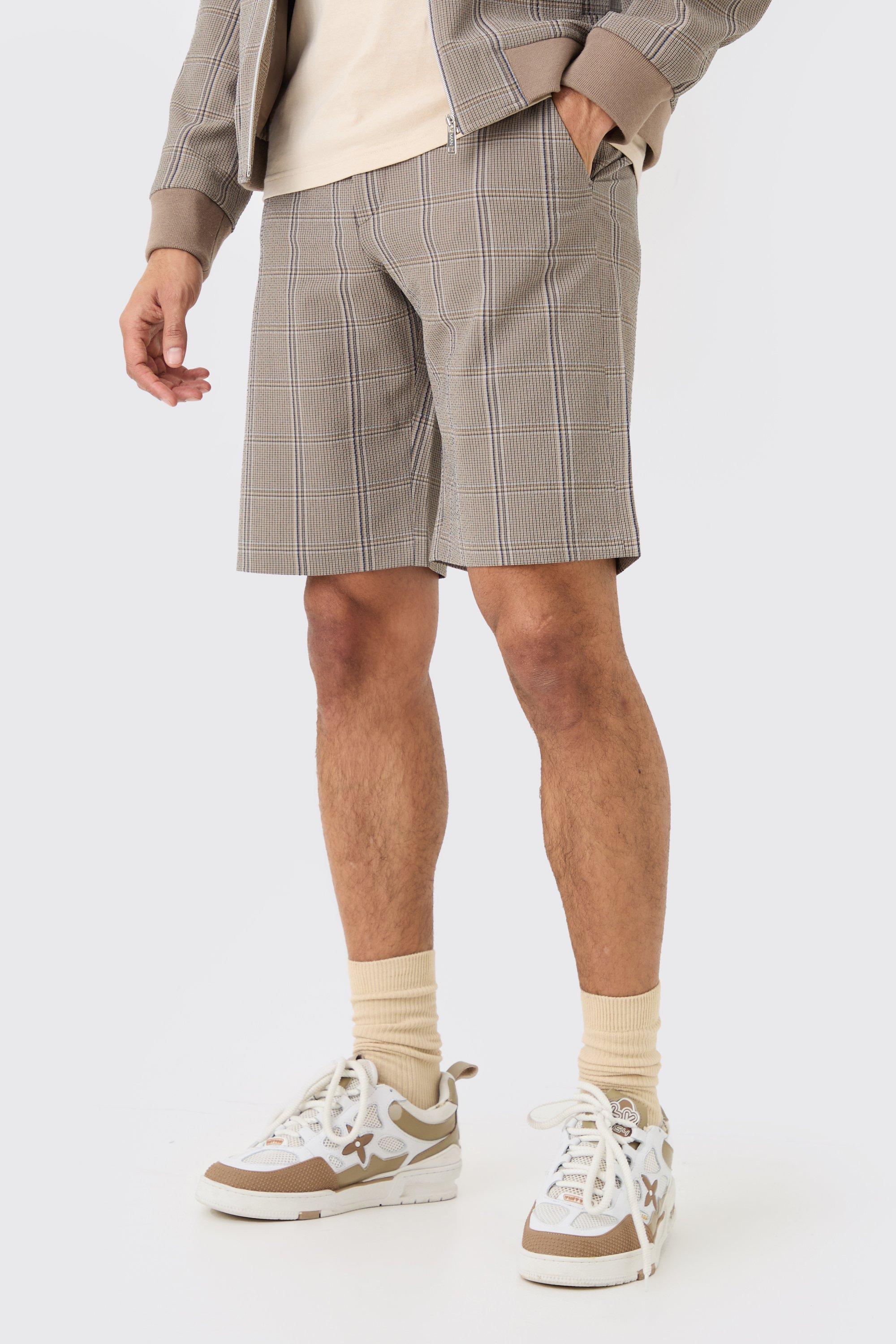 Mens Brown Stretch Textured Check Fixed Waist Shorts, Brown