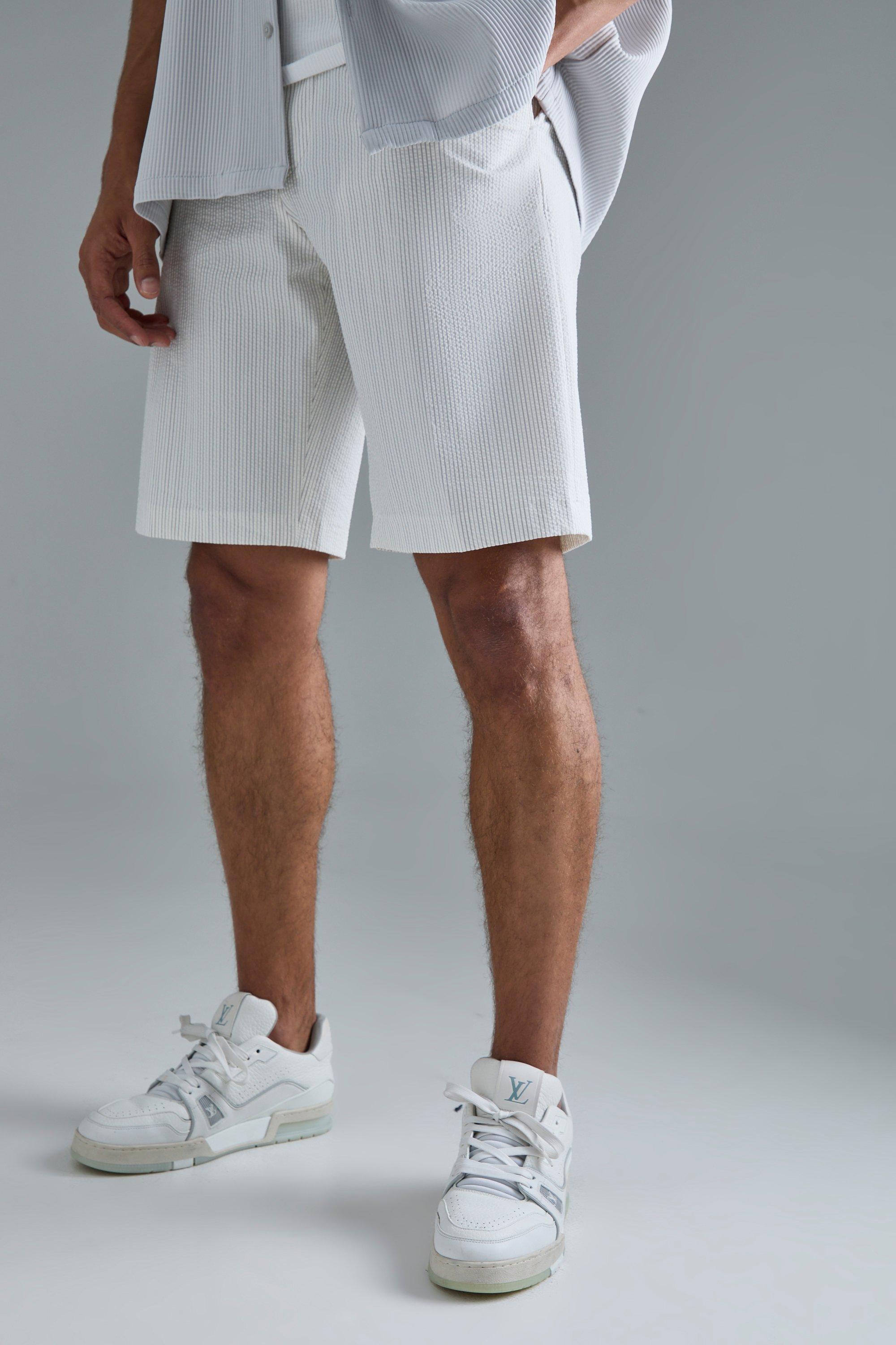 Image of Pantaloncini Regular Fit in seersucker a righe con vita fissa, Cream