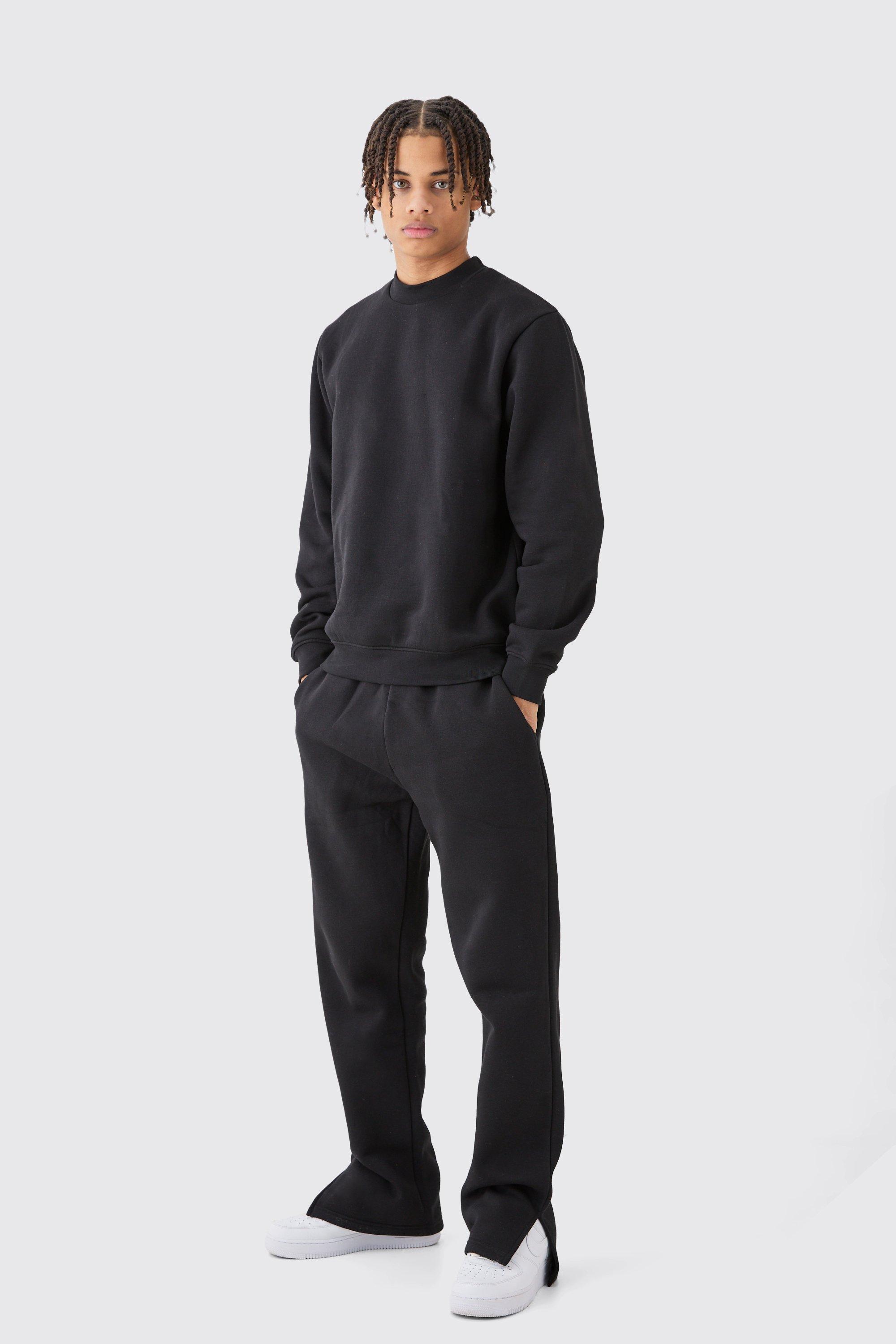 Mens Black Extended Neck Split Hem Sweatshirt Tracksuit, Black