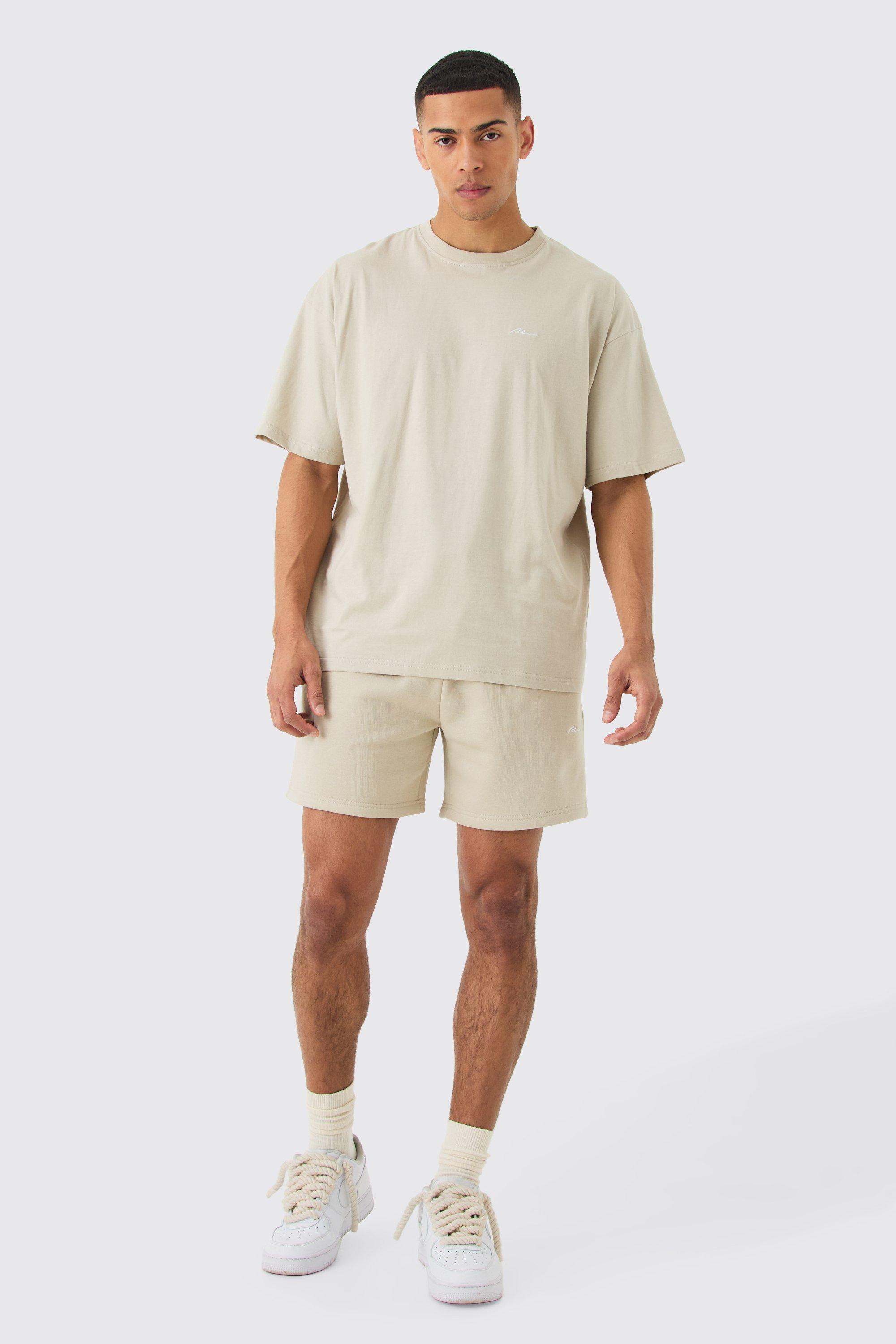 Image of Set T-shirt con firma Man & pantaloncini comodi, Beige