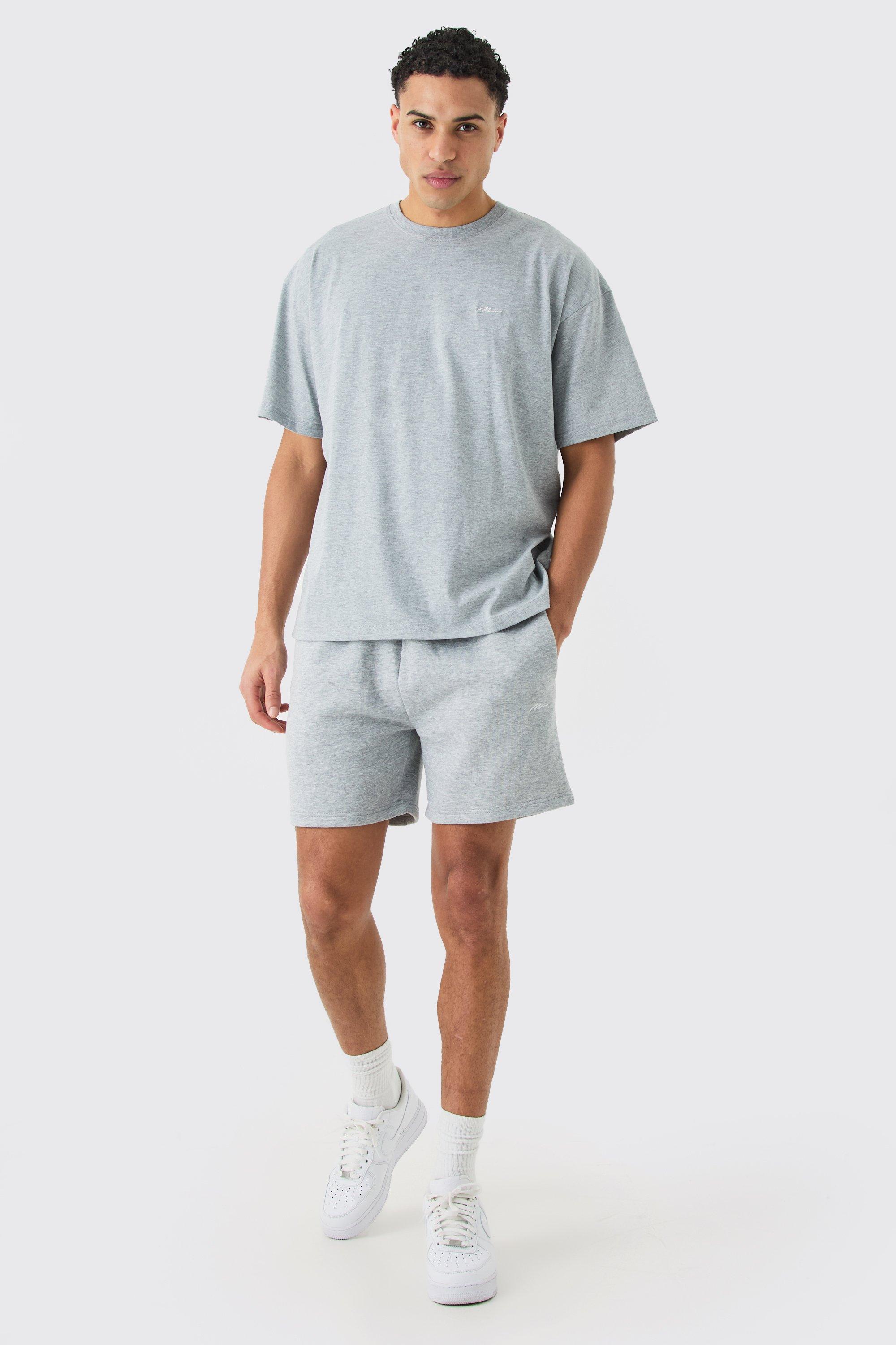 Mens Grey Marl Man Signature T-shirt And Loose Short Set