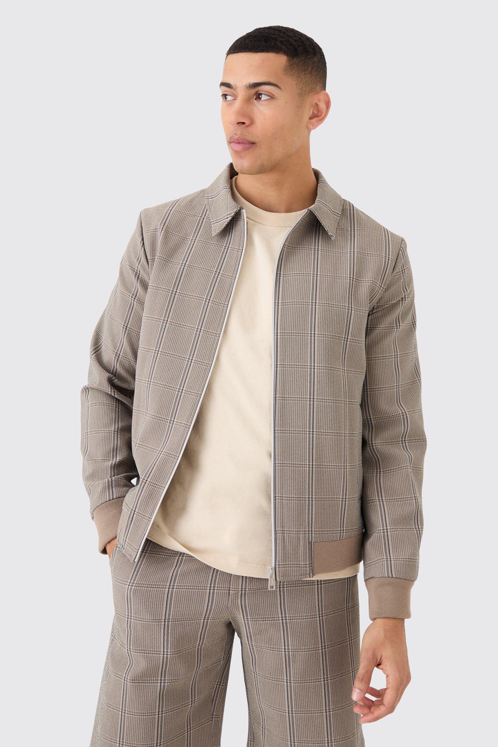 Image of Stretch Textured Check Smart Bomber Jacket, Brown