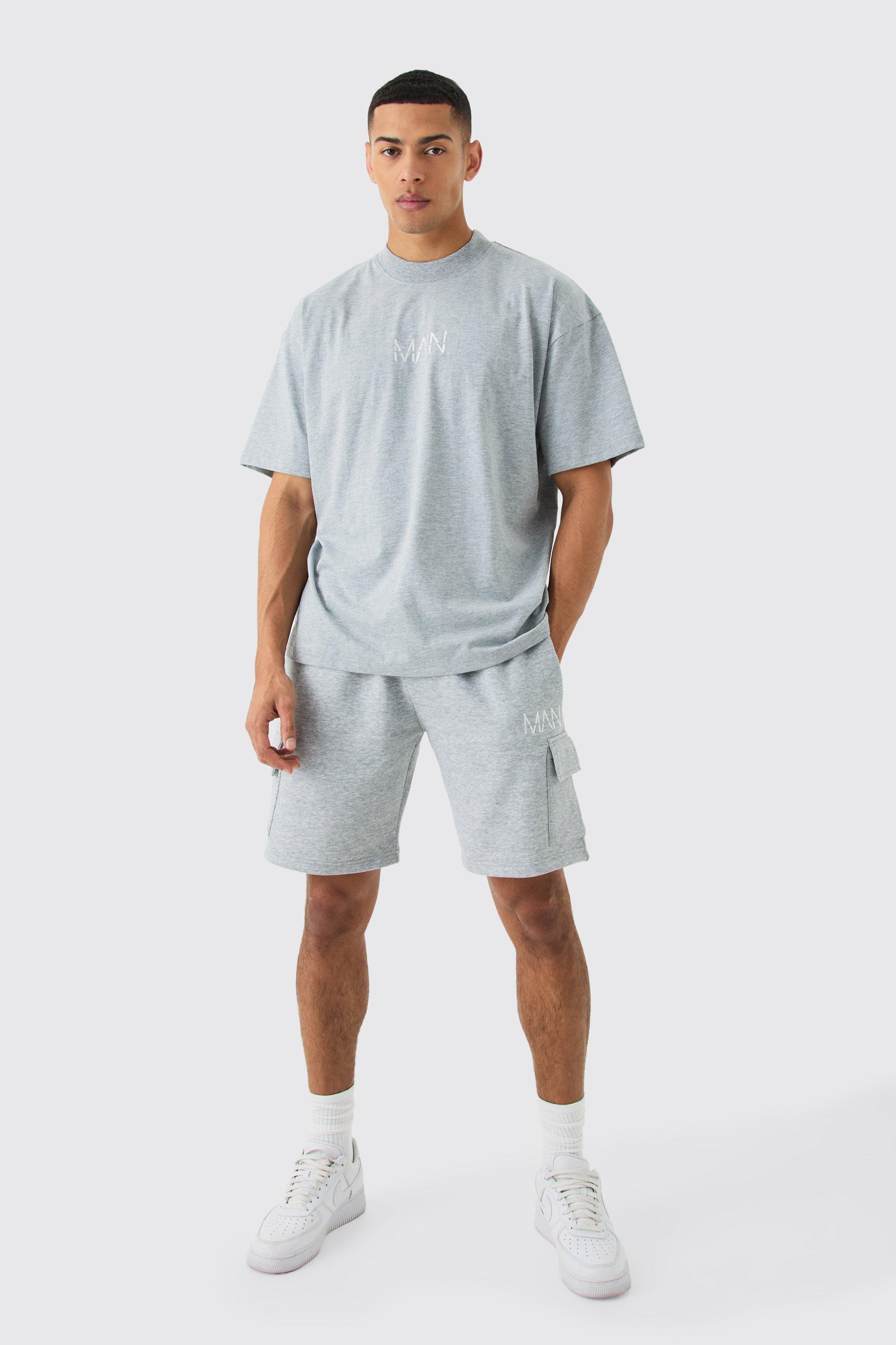Mens Grey Man Oversized Extended Neck T-shirt And Cargo Short Set, Grey