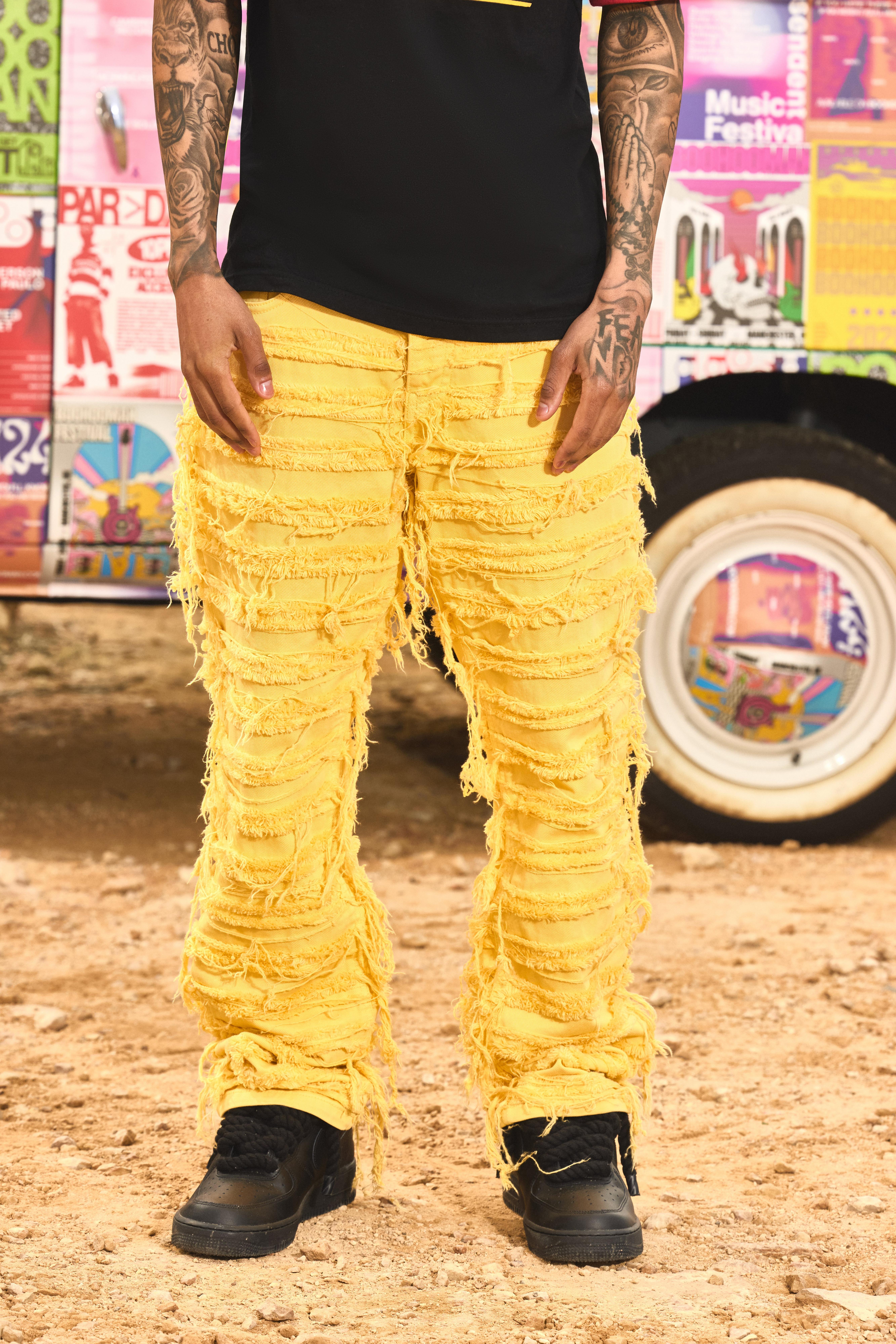 Image of Relaxed Rigid Hyper Distressed Overdye Denim Jean In Yellow, Giallo