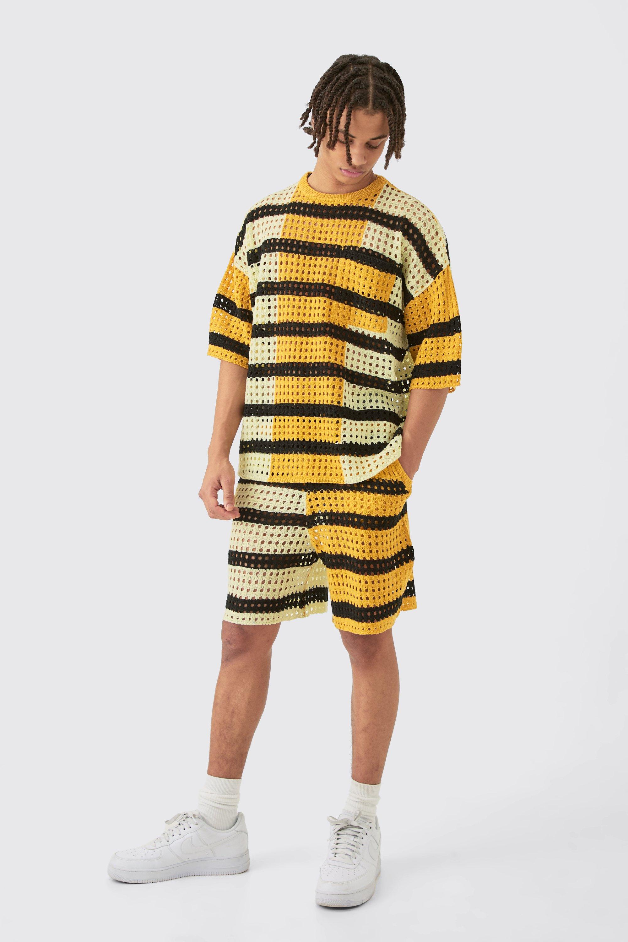 Image of Oversized Open Stitch T-shirt Short Knitted Set, Giallo
