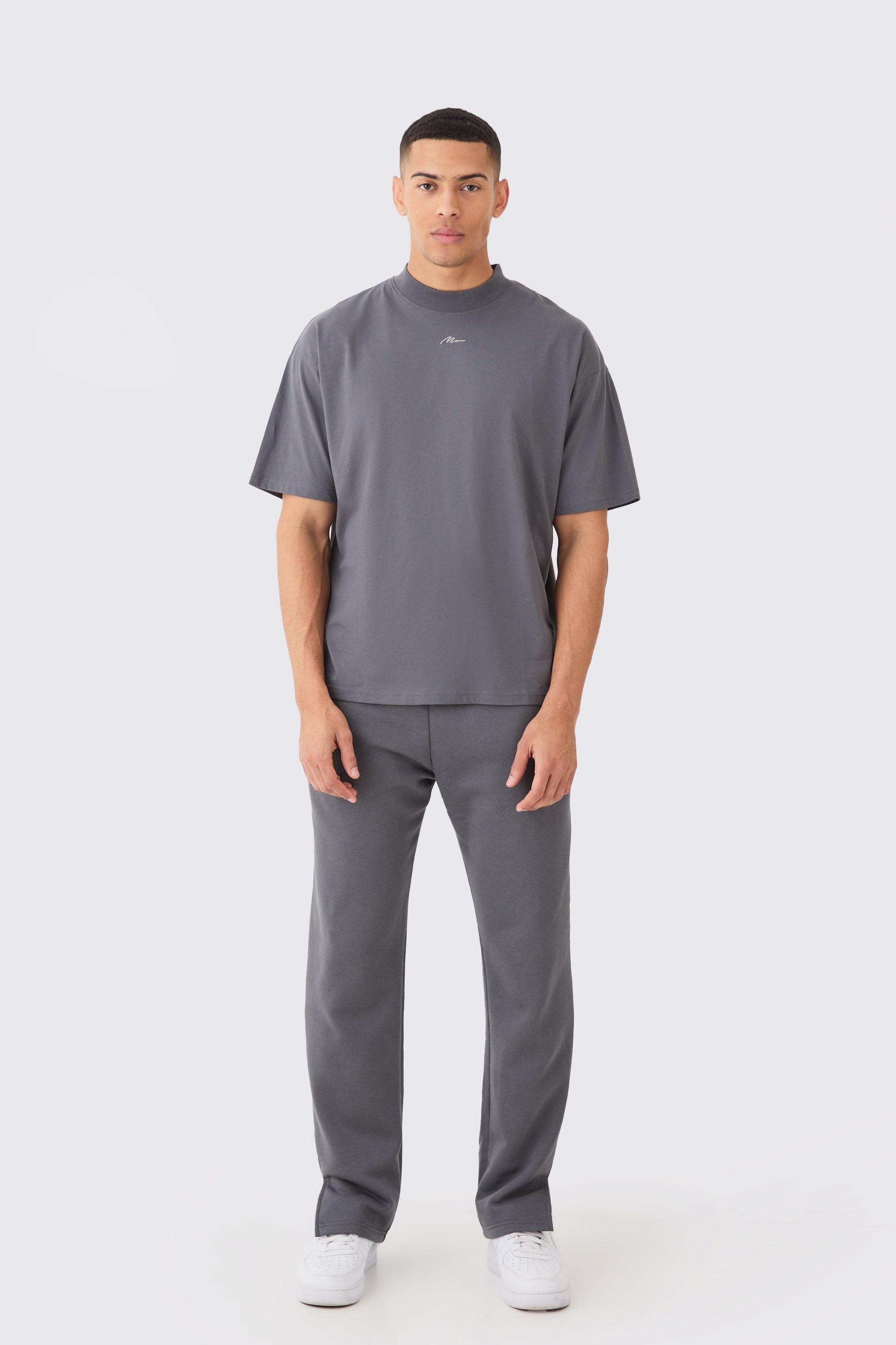 Image of Set T-shirt oversize con firma Man e girocollo esteso & pantaloni tuta, Grigio