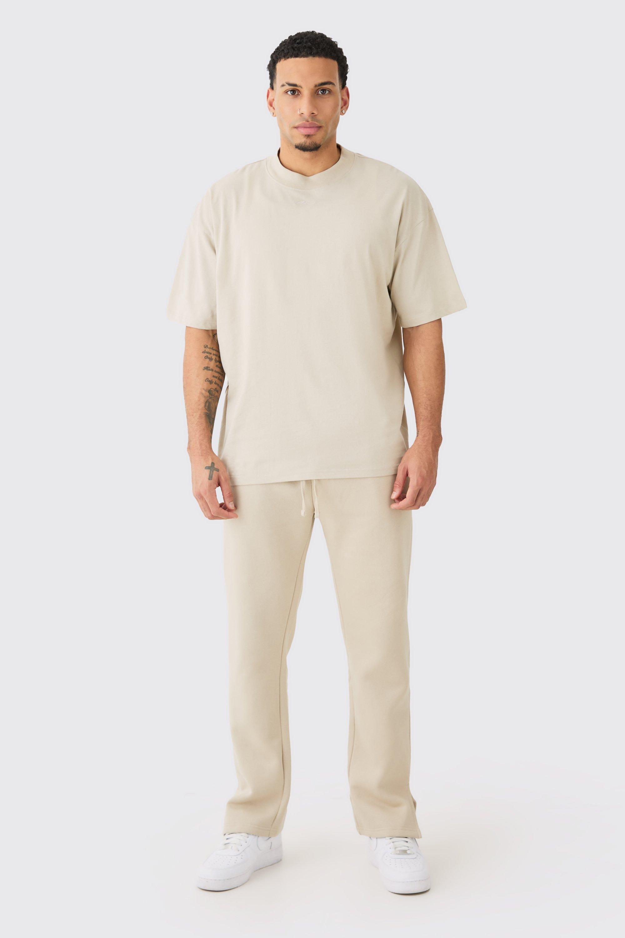 Image of Set T-shirt oversize con firma Man e girocollo esteso & pantaloni tuta, Beige