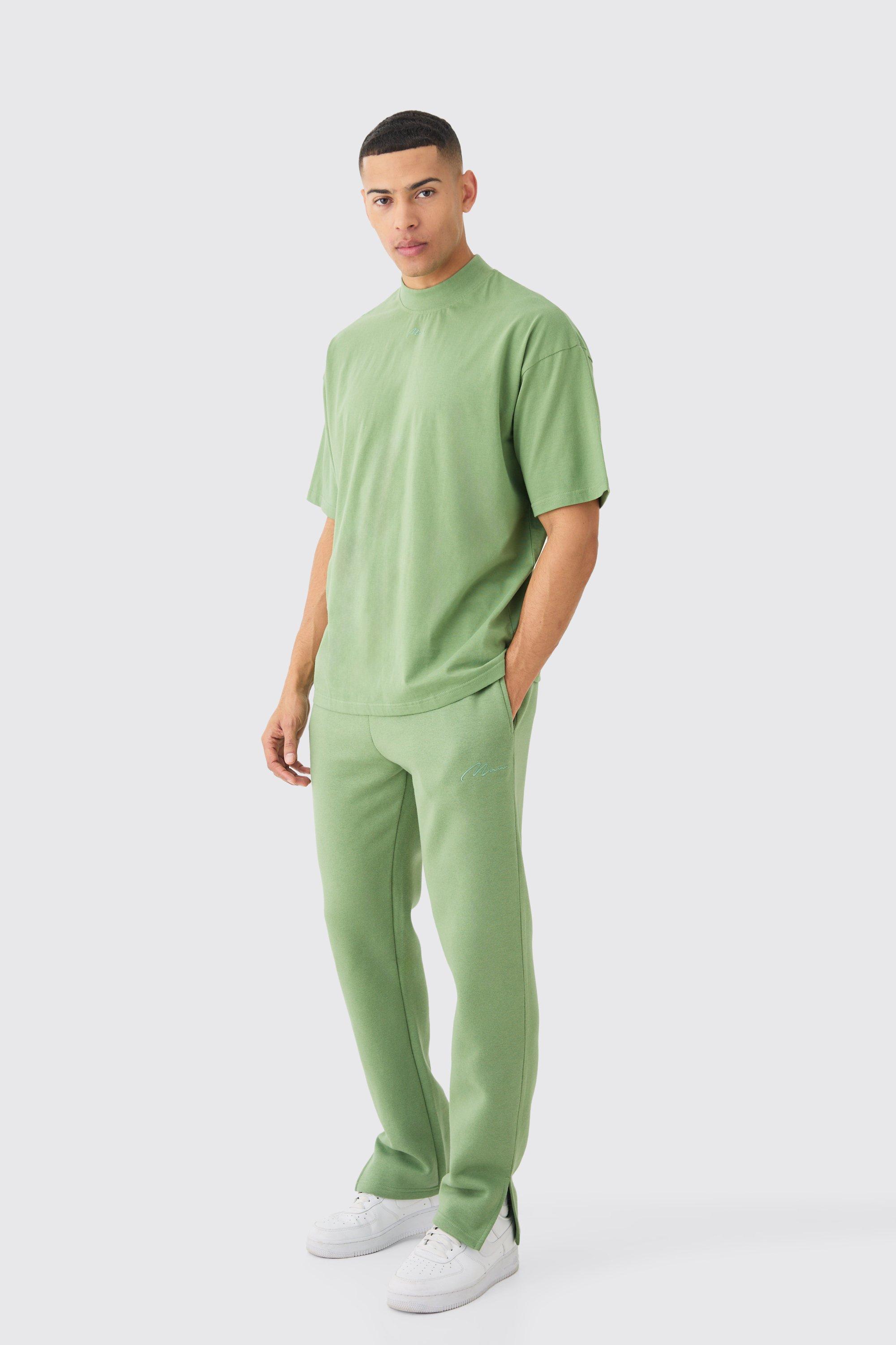 Image of Set T-shirt oversize con firma Man e girocollo esteso & pantaloni tuta, Verde