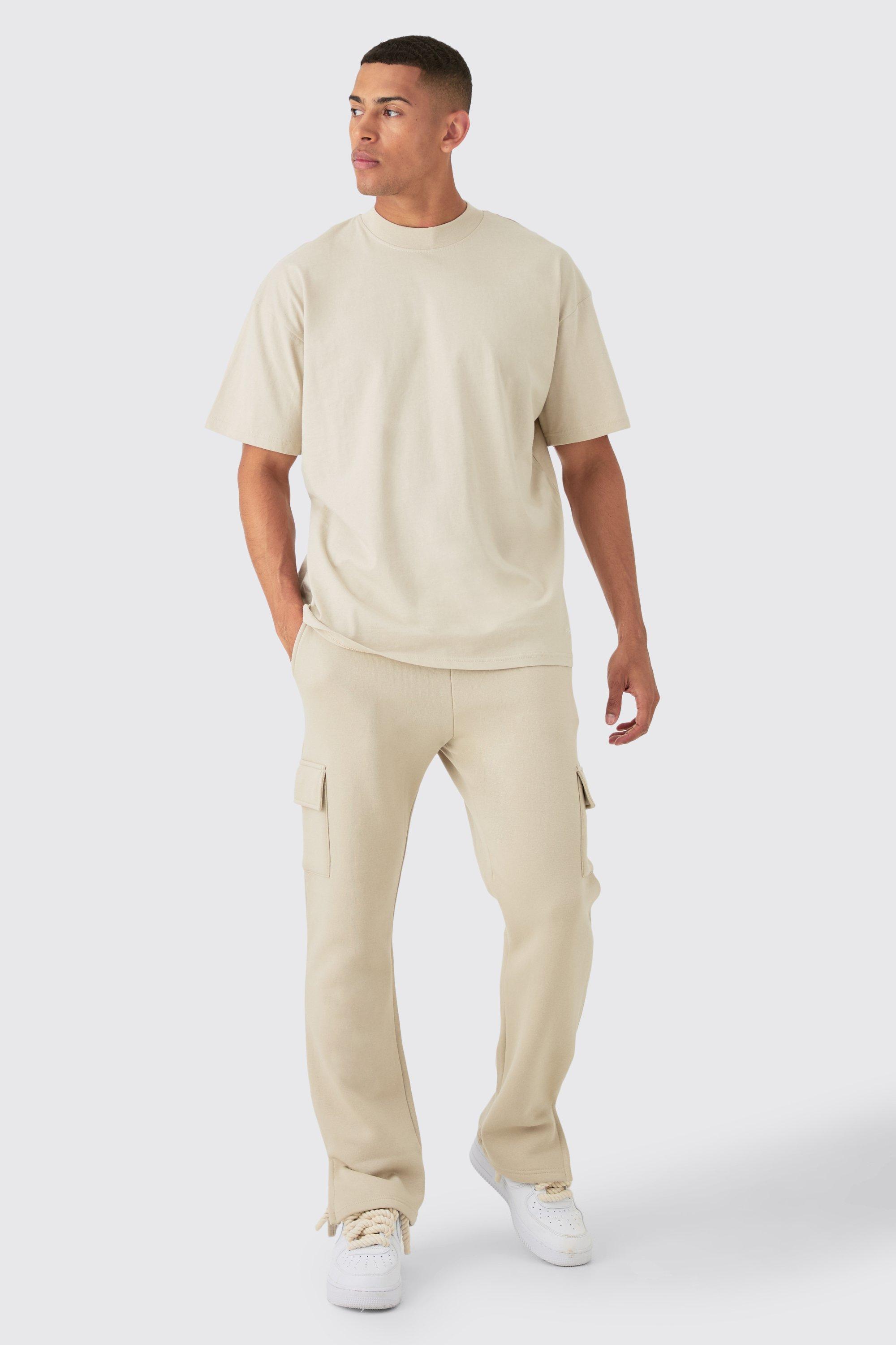 Set T-shirt oversize con firma Man & pantaloni tuta stile Cargo, Beige