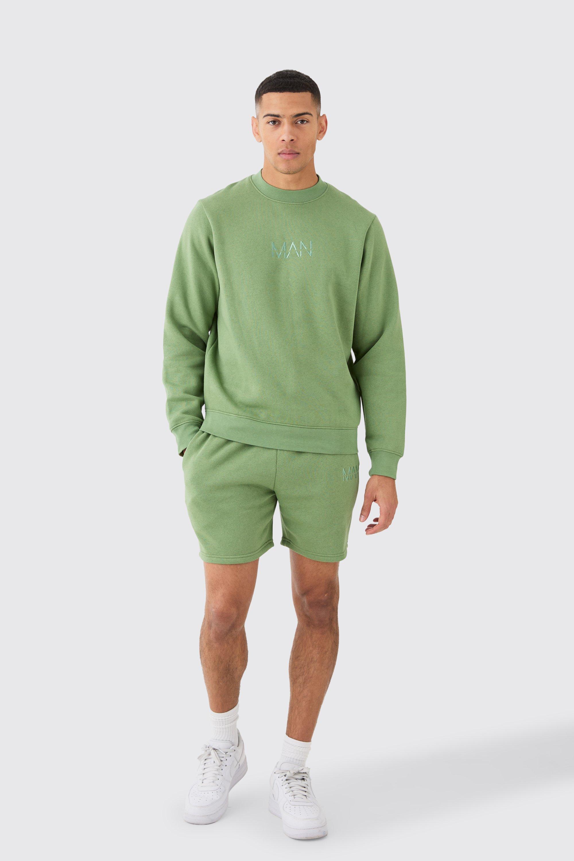 Mens Green Man Extended Neck Sweatshirt Short Tracksuit, Green
