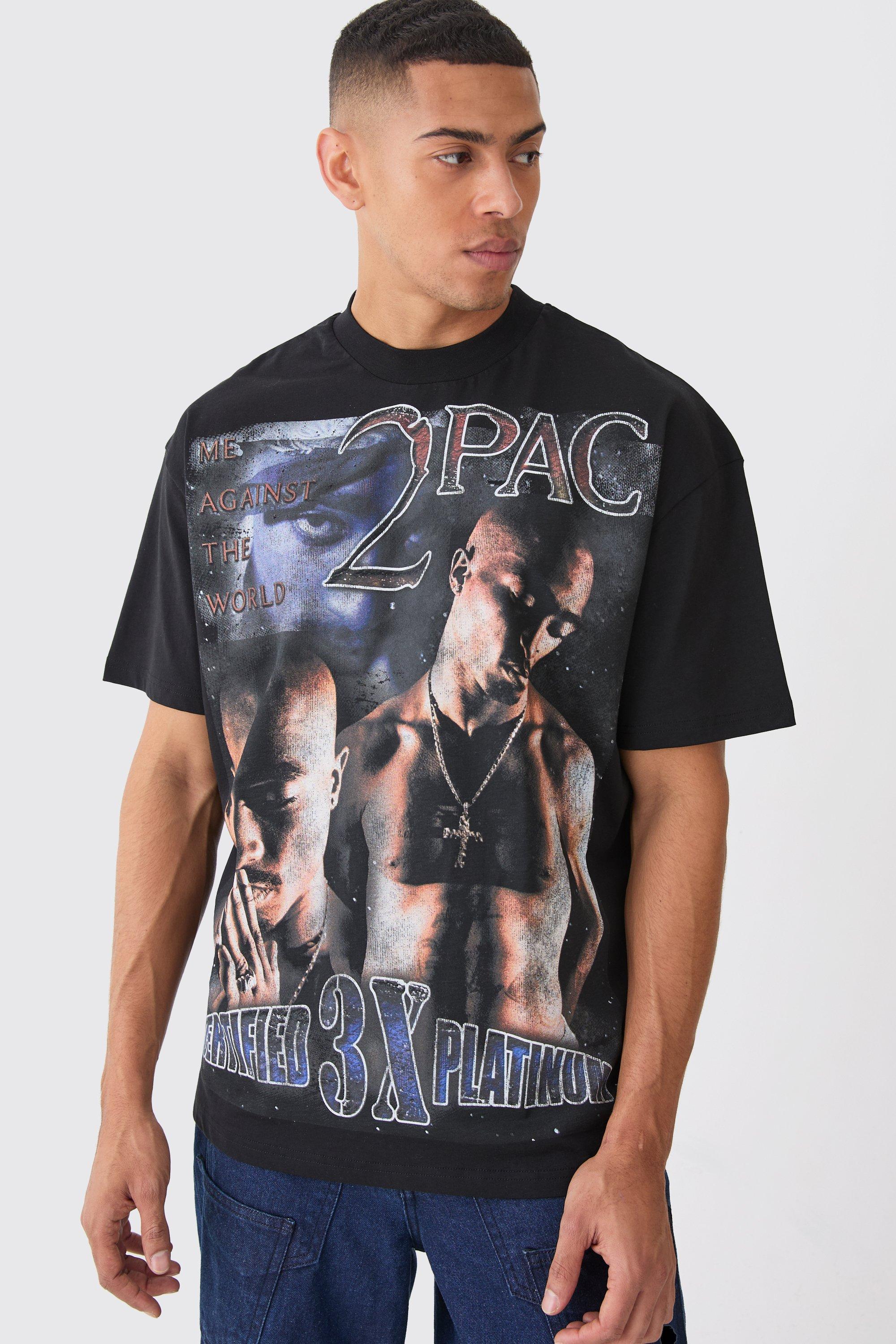 Mens Black Oversized Tupac Large Scale License T-shirt, Black