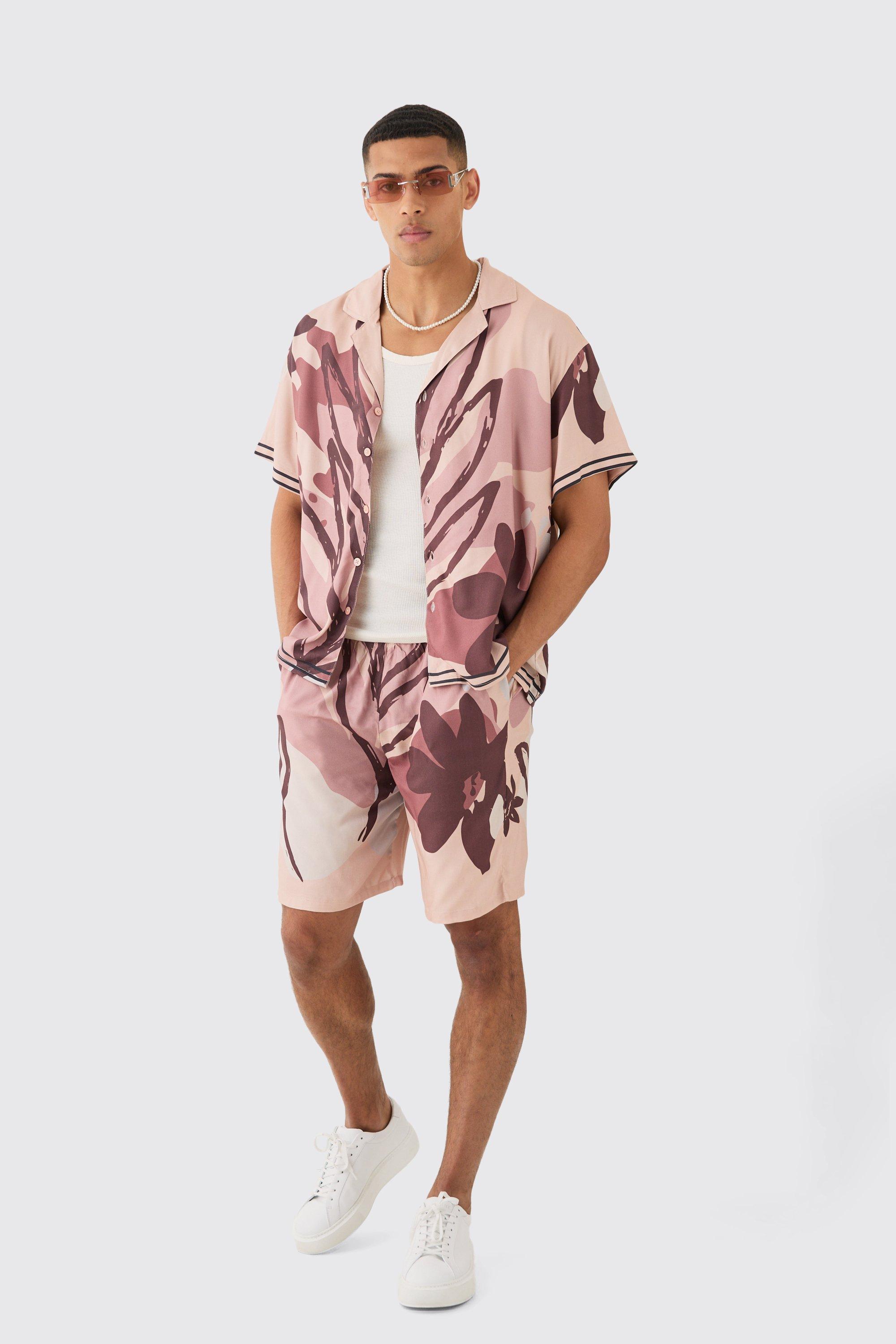 Image of Boxy Viscose Abstract Flower Shirt & Short, Beige