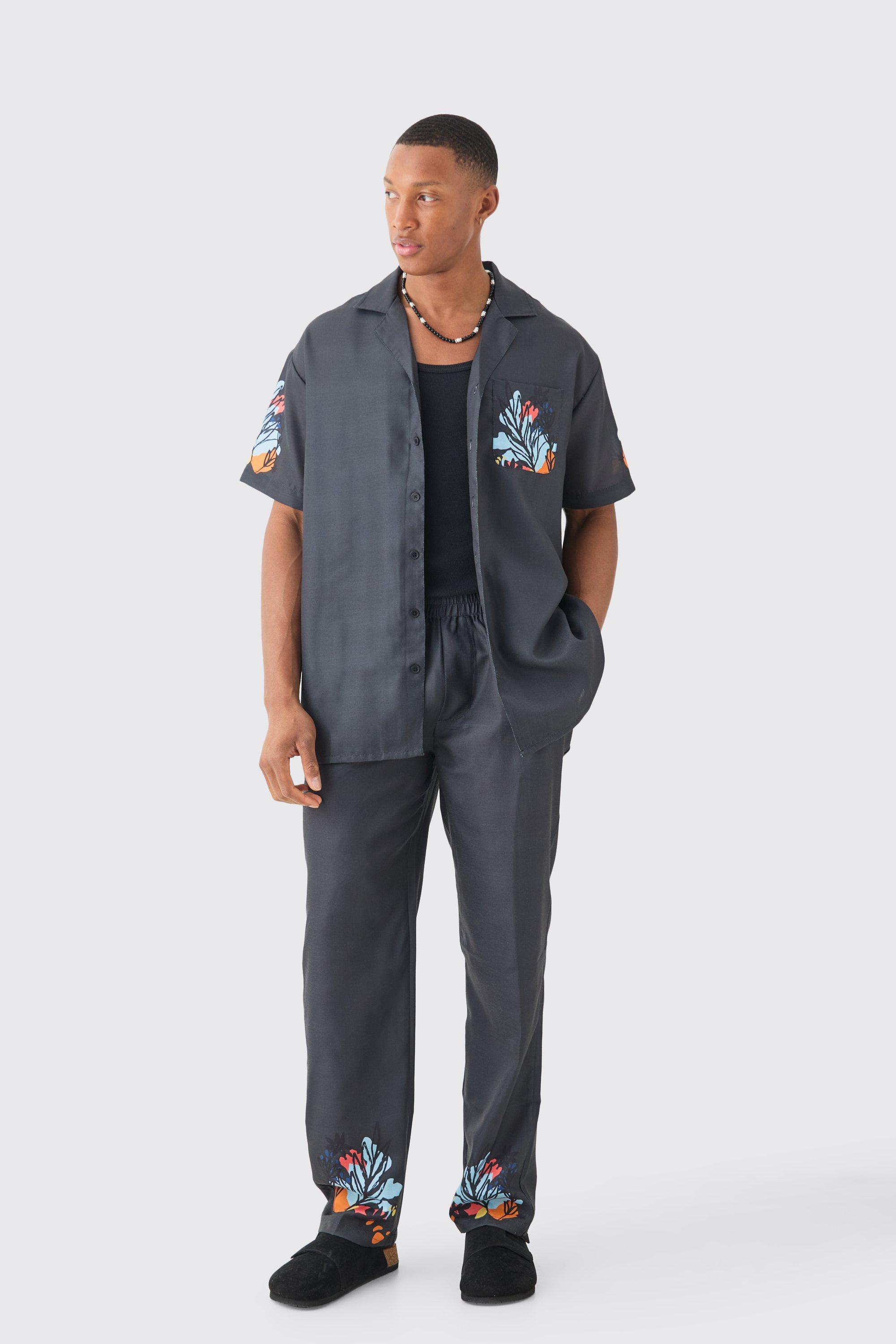 Mens Black Linen Look Floral Print Shirt & Trouser, Black