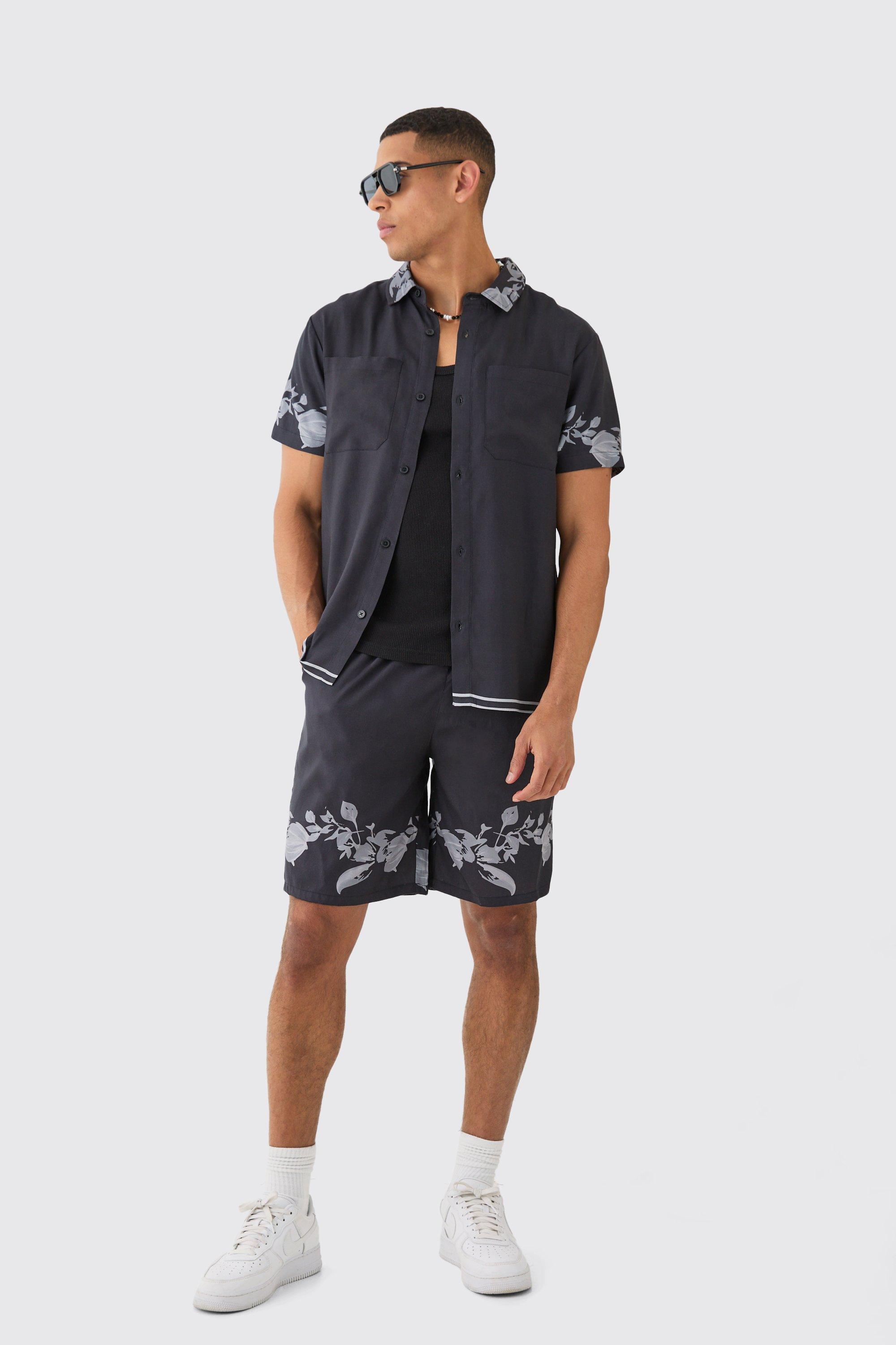 Mens Black Homme Back Print Shirt & Short Set, Black