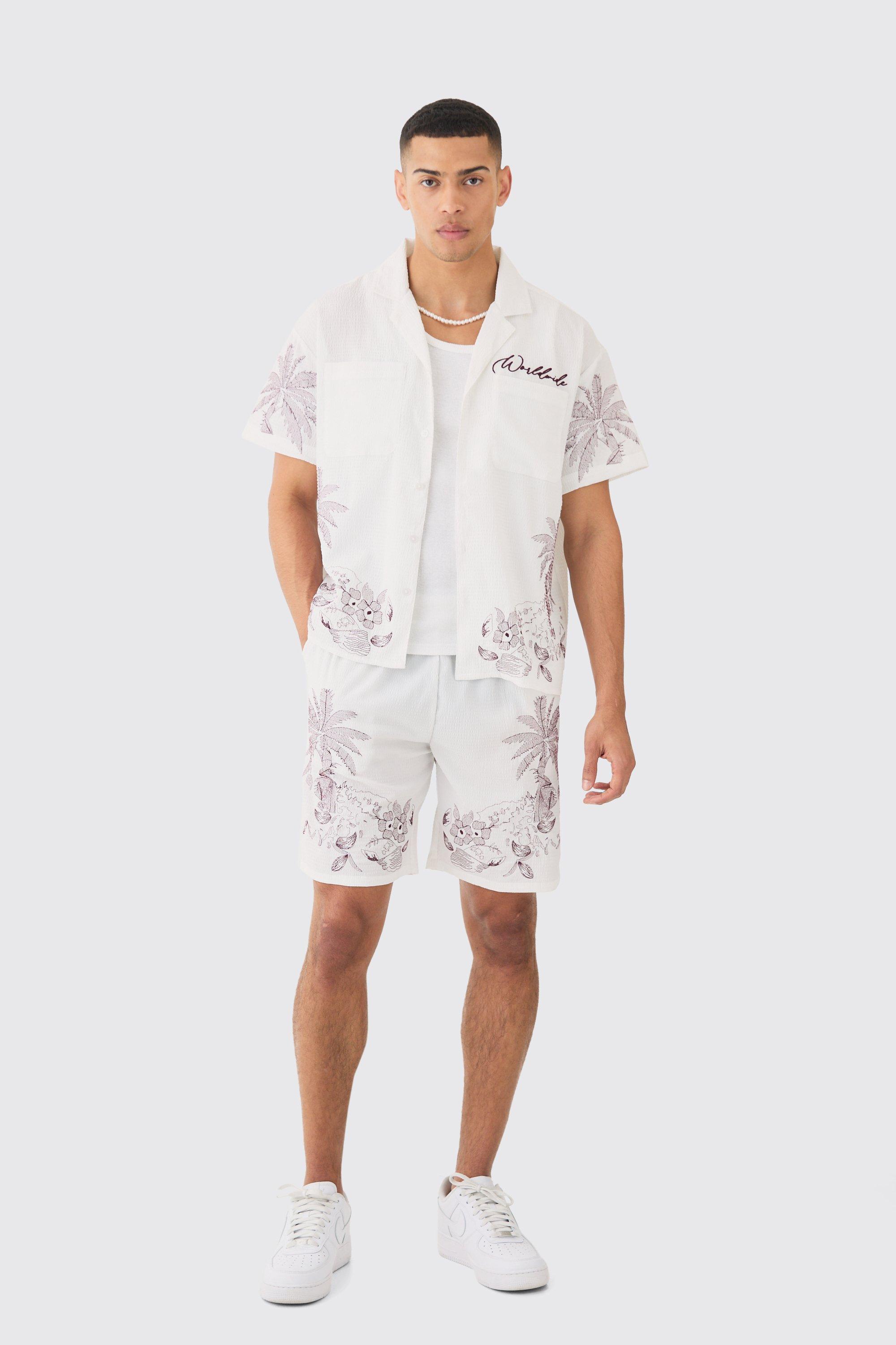Image of Boxy Seersucker Embroidered Floral Shirt & Short, Bianco