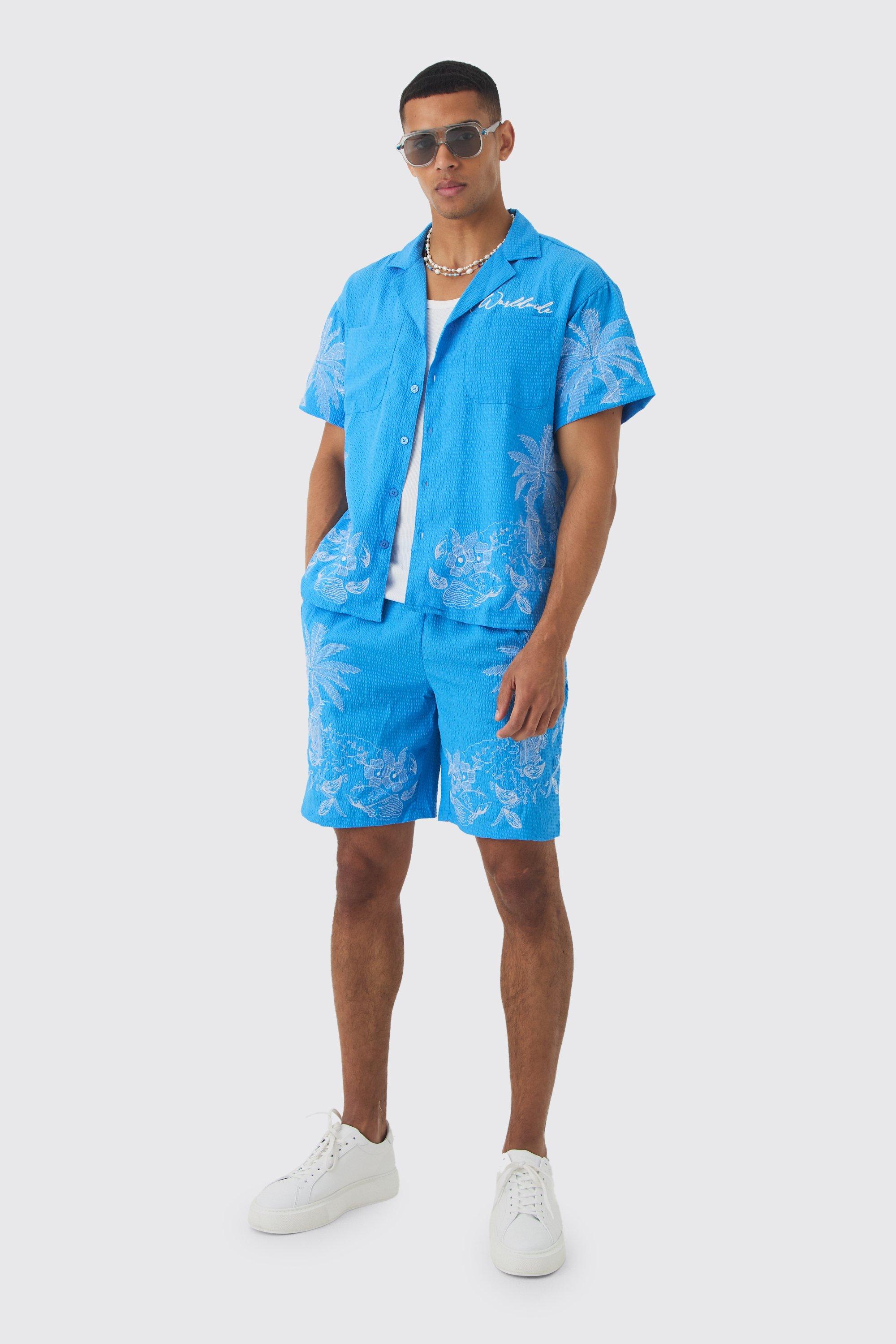 Image of Boxy Seersucker Embroidered Floral Shirt & Short, Azzurro