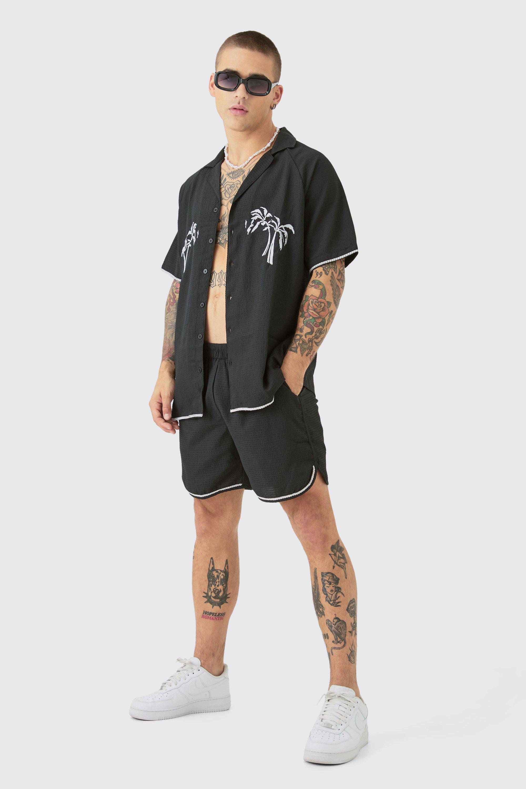 Image of Oversized Seersucker Palm Embroidered Shirt & Short, Nero