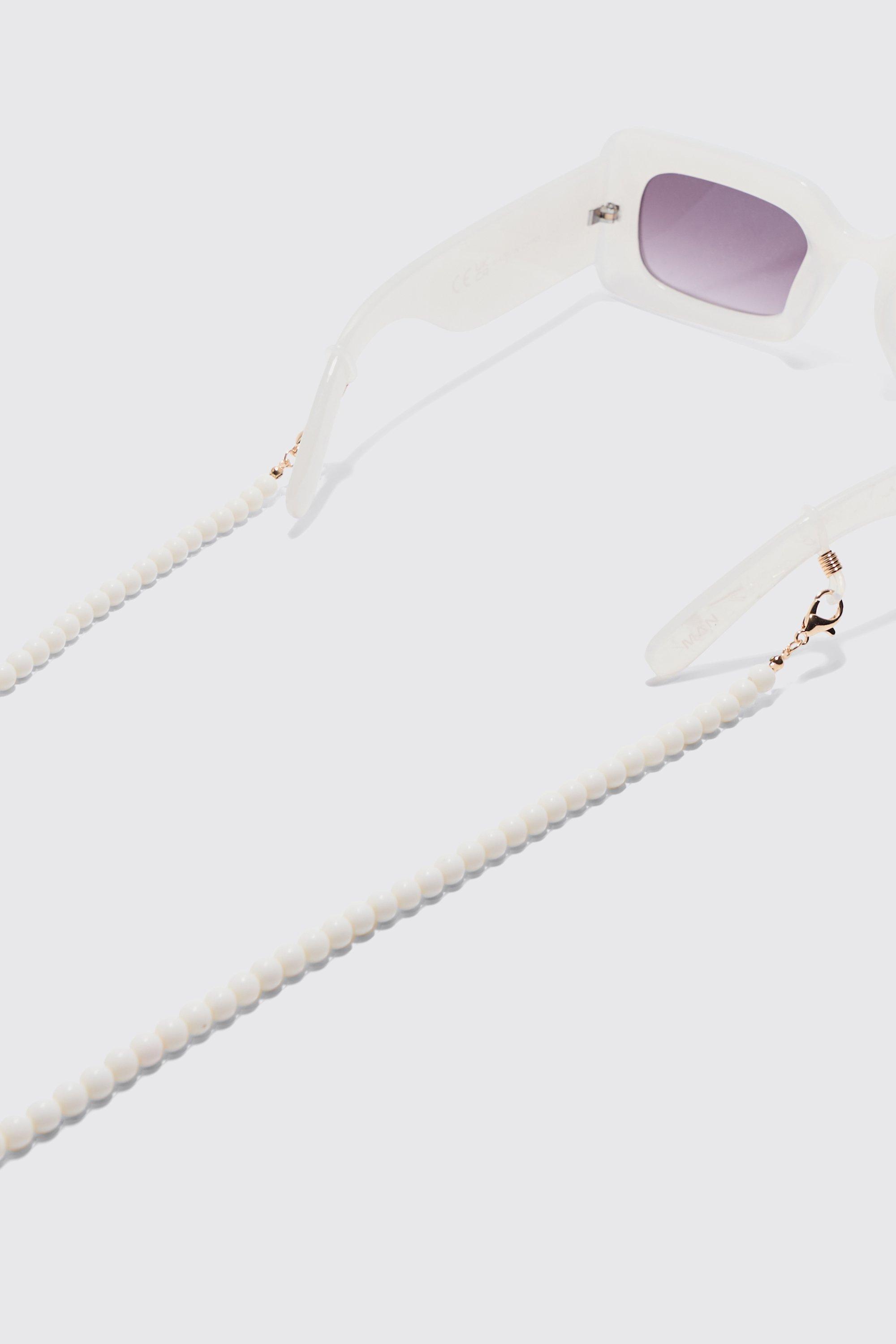 Image of Occhiali da sole a catena bianchi con perle e perline, Bianco