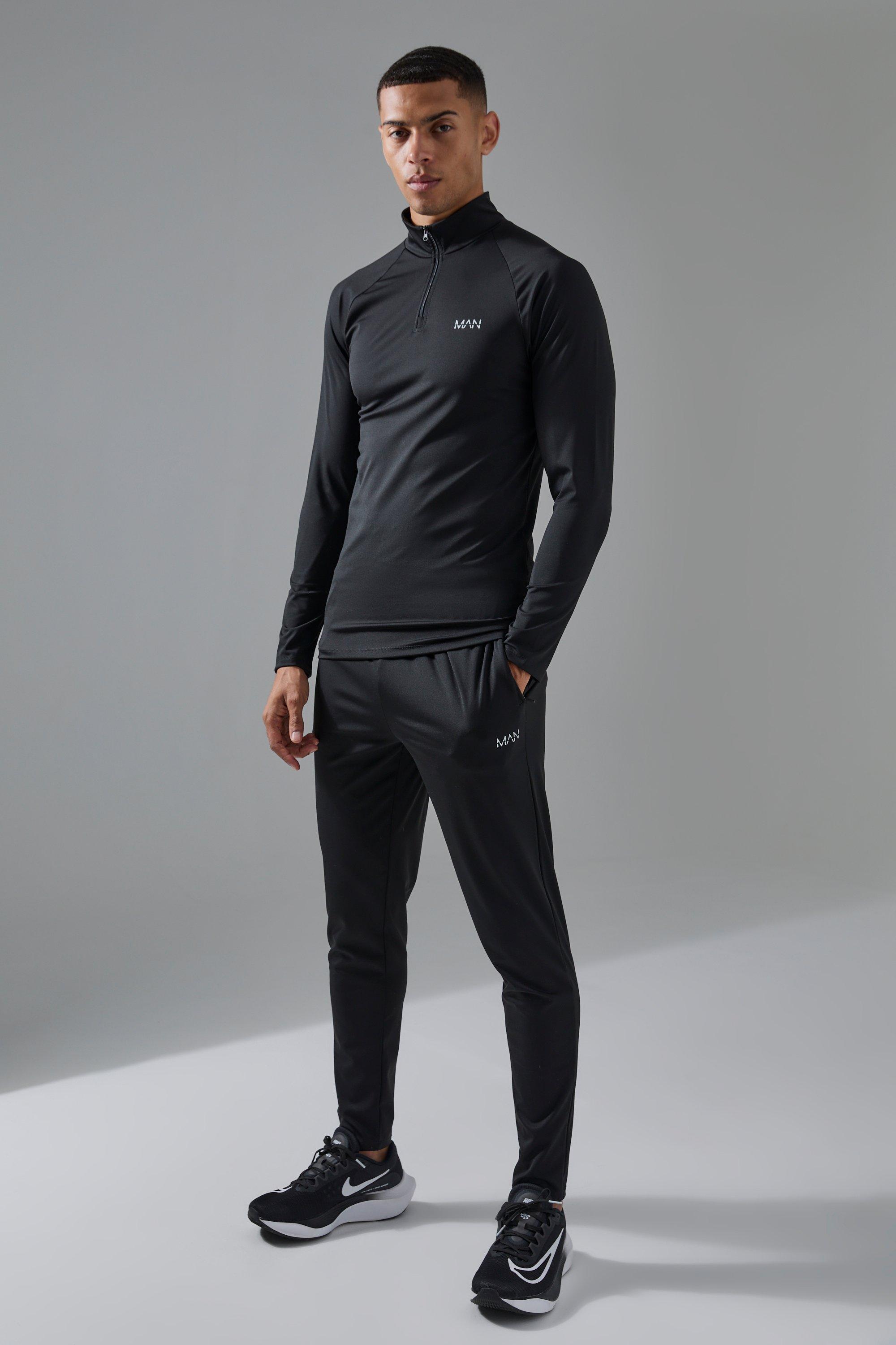 Mens Black Man Active Gym 1/4 Zip Tracksuit, Black