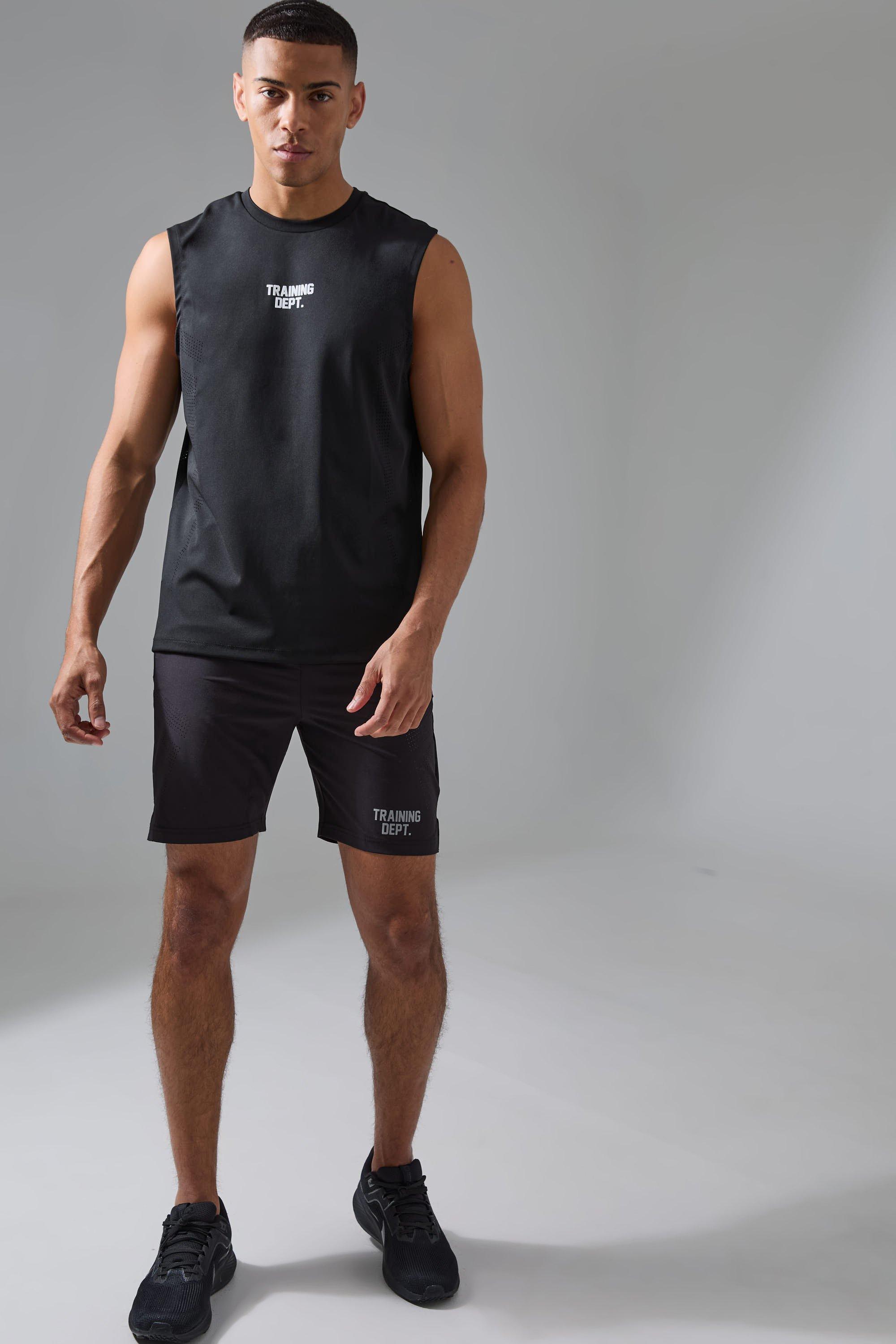 Mens Black Active Training Dept Perforated vest & Short Set, Black