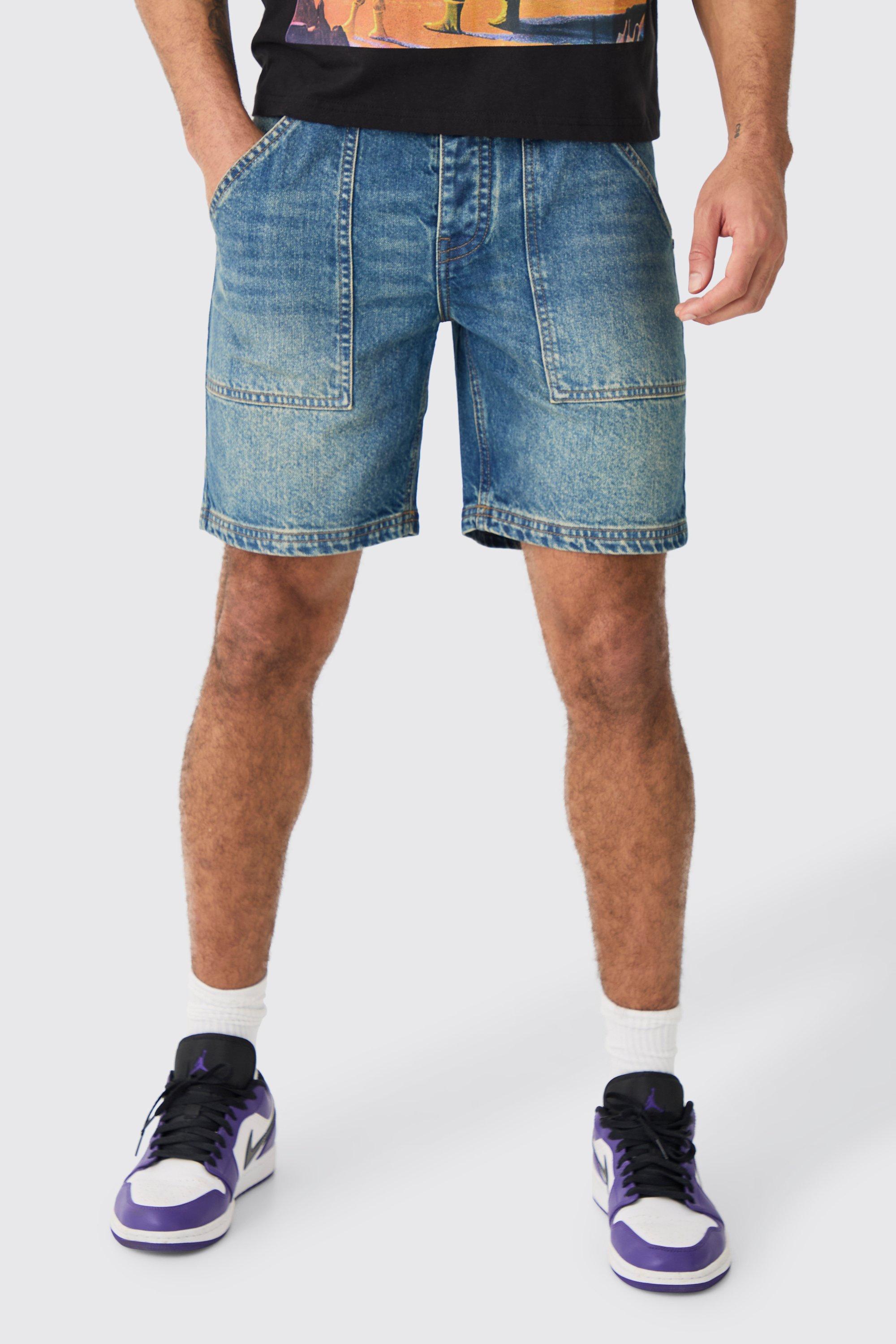 Image of Pantaloncini Slim Fit in denim rigido con cuciture a contrasto, Azzurro
