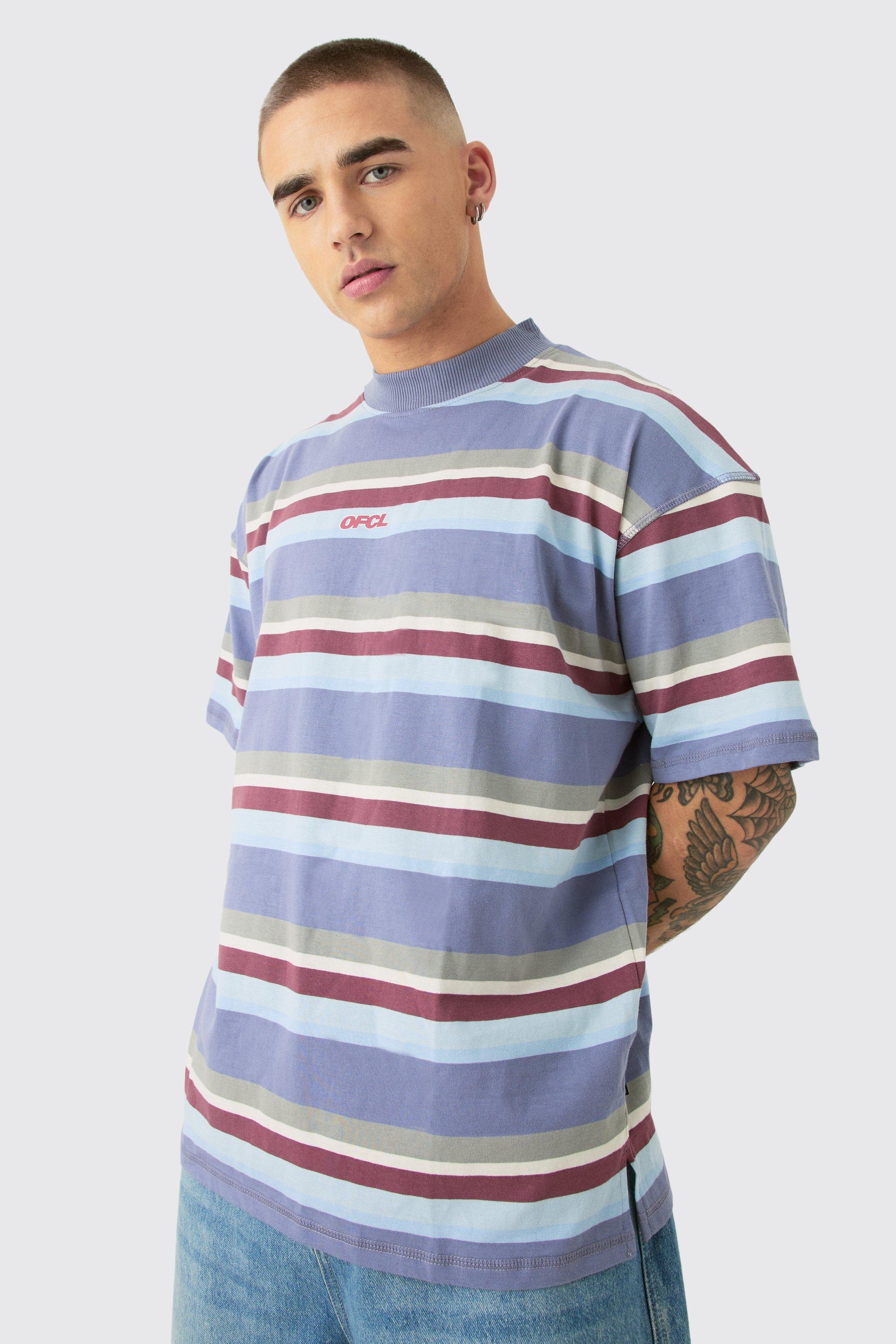 Image of T-shirt oversize Ofcl a righe pesanti con cardini, Azzurro