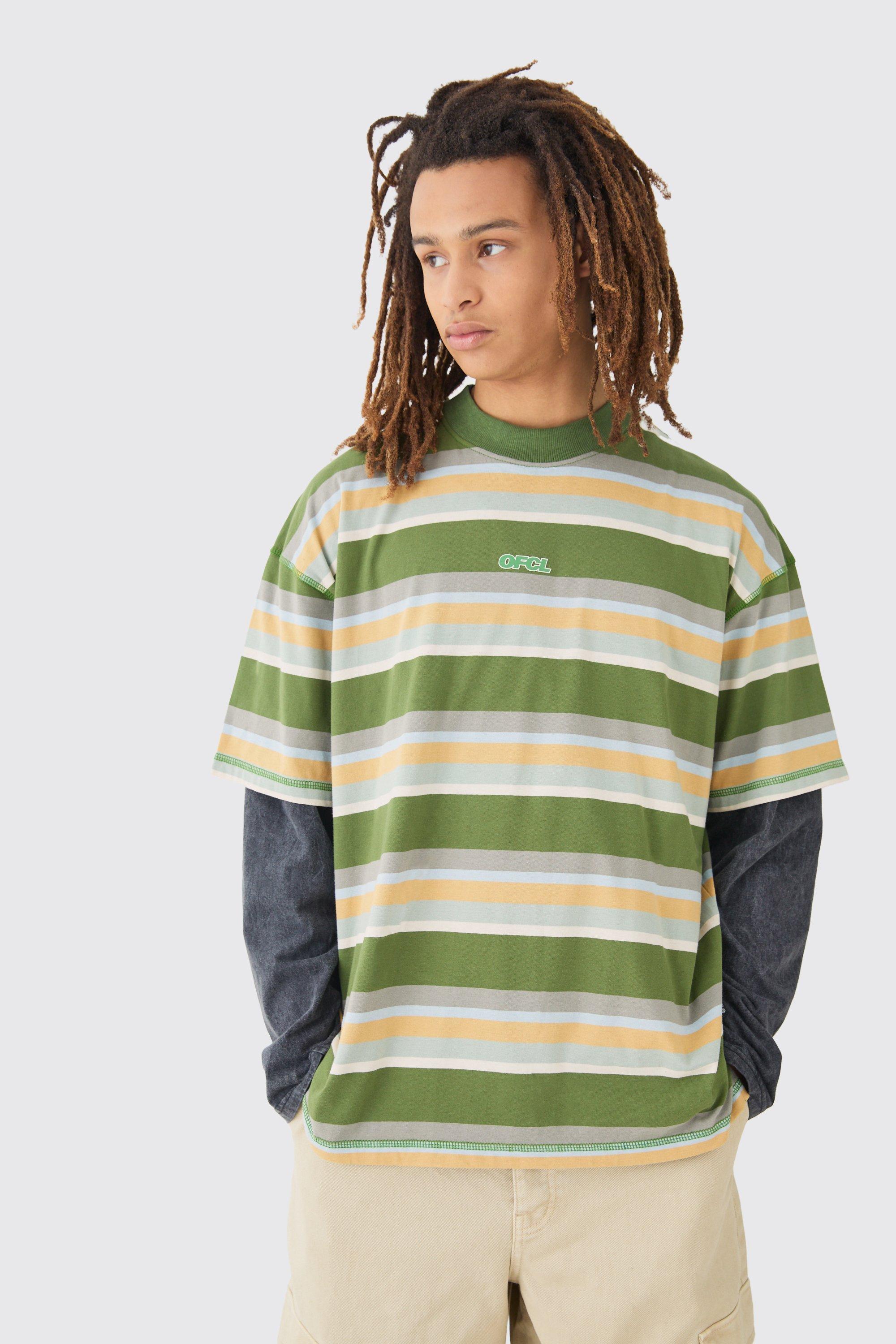 Image of T-shirt oversize Ofcl a righe pesanti con cardini, Verde